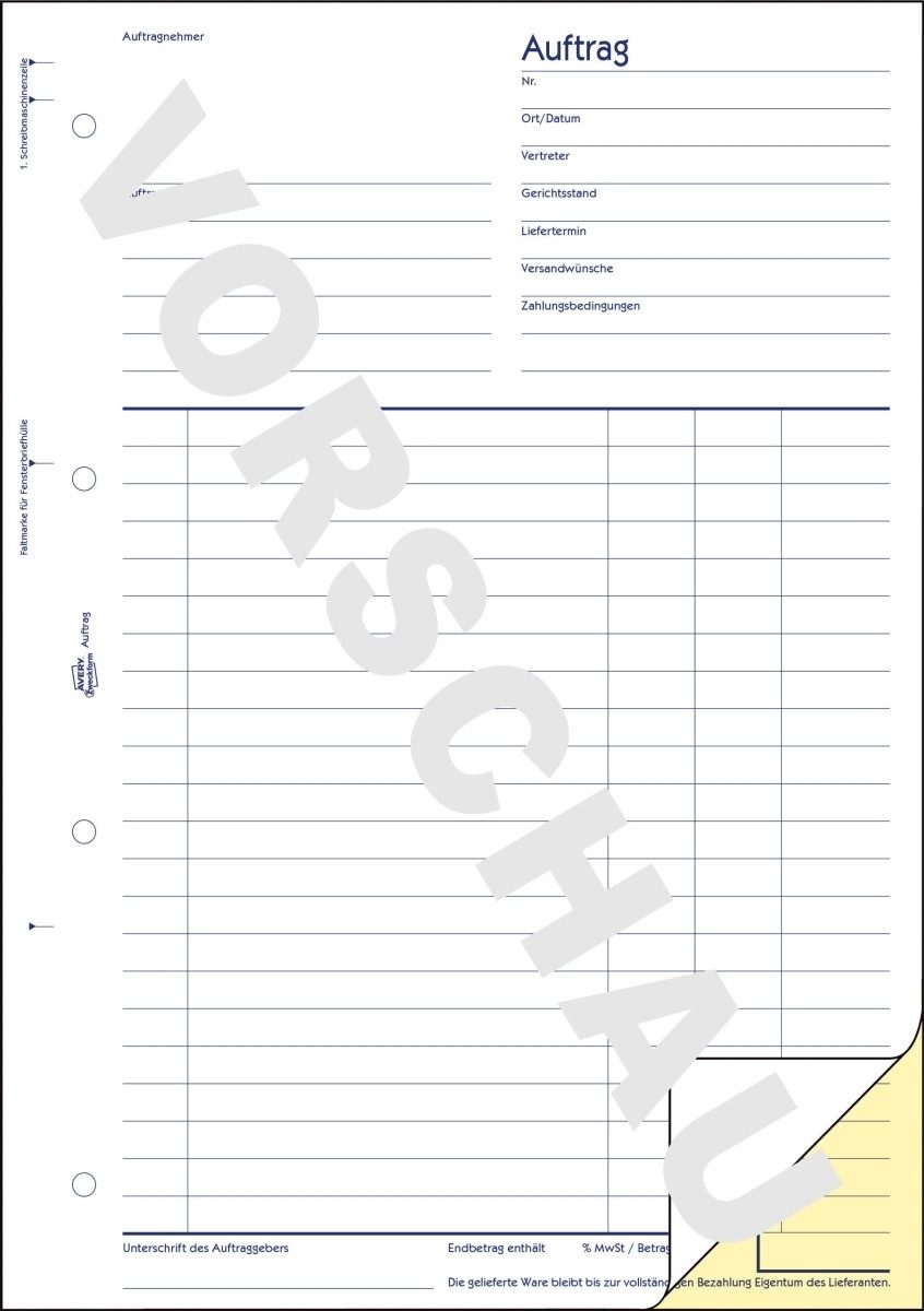 Formularblock Formularbuch Auftrag A4 selbstdurchschreibend 2x40 Blatt