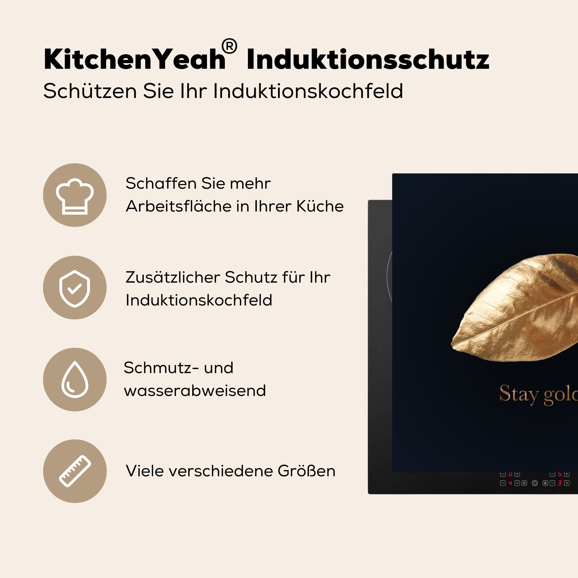 Arbeitsplatte Ceranfeldabdeckung, Herdblende-/Abdeckplatte - Blatt MuchoWow küche (1 Gold für cm, Vinyl, tlg), 78x78 - Zitate,
