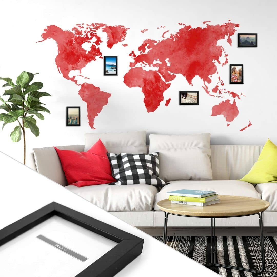 K&L Wall Art Wandtattoo Klebebilder 5 Bilderrahmen große Weltkarte Rot 140x72cm Sticker, Wandbild selbstklebend, entfernbar