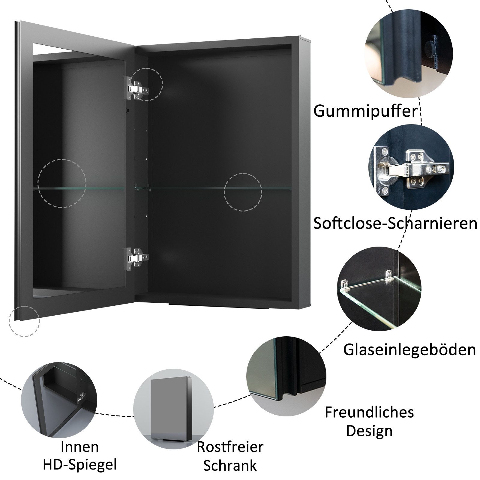 Hopibath Spiegel Schrank Alu Spiegelschrank Badezimmer Eckig Schwarz 50x70 40x60cm (Badezimmerspiegelschrank Wandschrank Badschrank, Doppelseitiger Spiegel, Softclose-Scharnieren), Verstellbare Glasböden, vormontiert geliefert