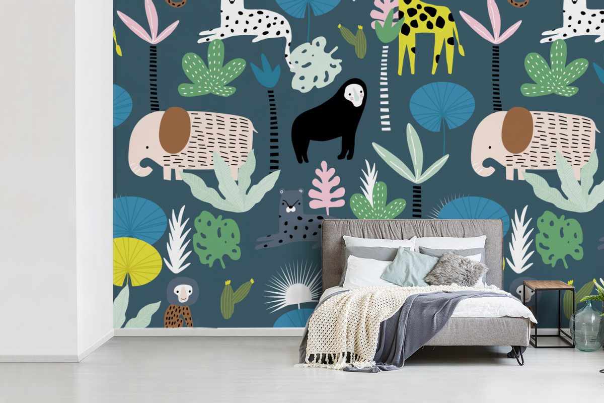Matt, Vinyl Kinderzimmer, Tiere Dschungel - - Wohnzimmer, bedruckt, (6 MuchoWow für Blau, Schlafzimmer, - Wallpaper Tapete St), Fototapete Pflanzen