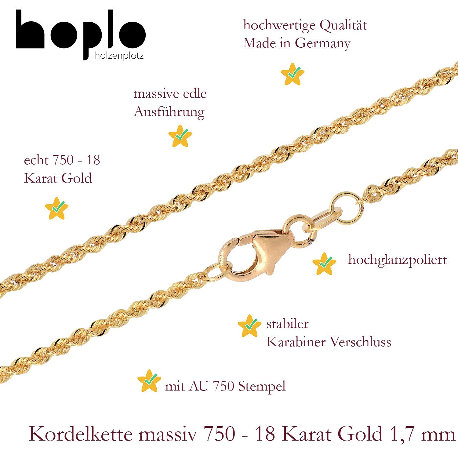 HOPLO Goldkette Goldkette Kordelkette massiv Breite 1,7mm 42 cm echt 750-18 Karat Gold, Made in Germany – Bild 4 von 5