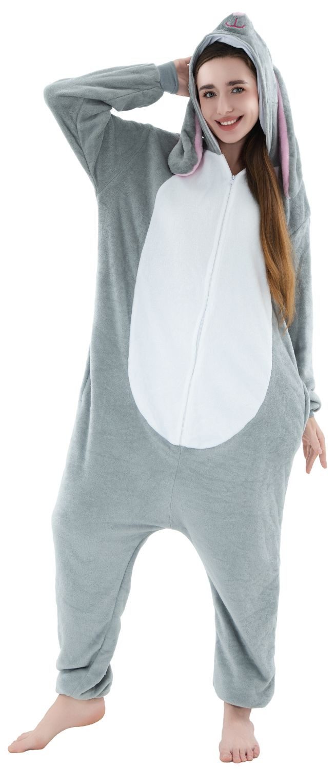 Corimori Partyanzug Onesie Ganzkörper Kostüm für Erwachsene, Pyjama Onesie Ganzkörper Kostüm Hase Osterhase lange Ohren grau