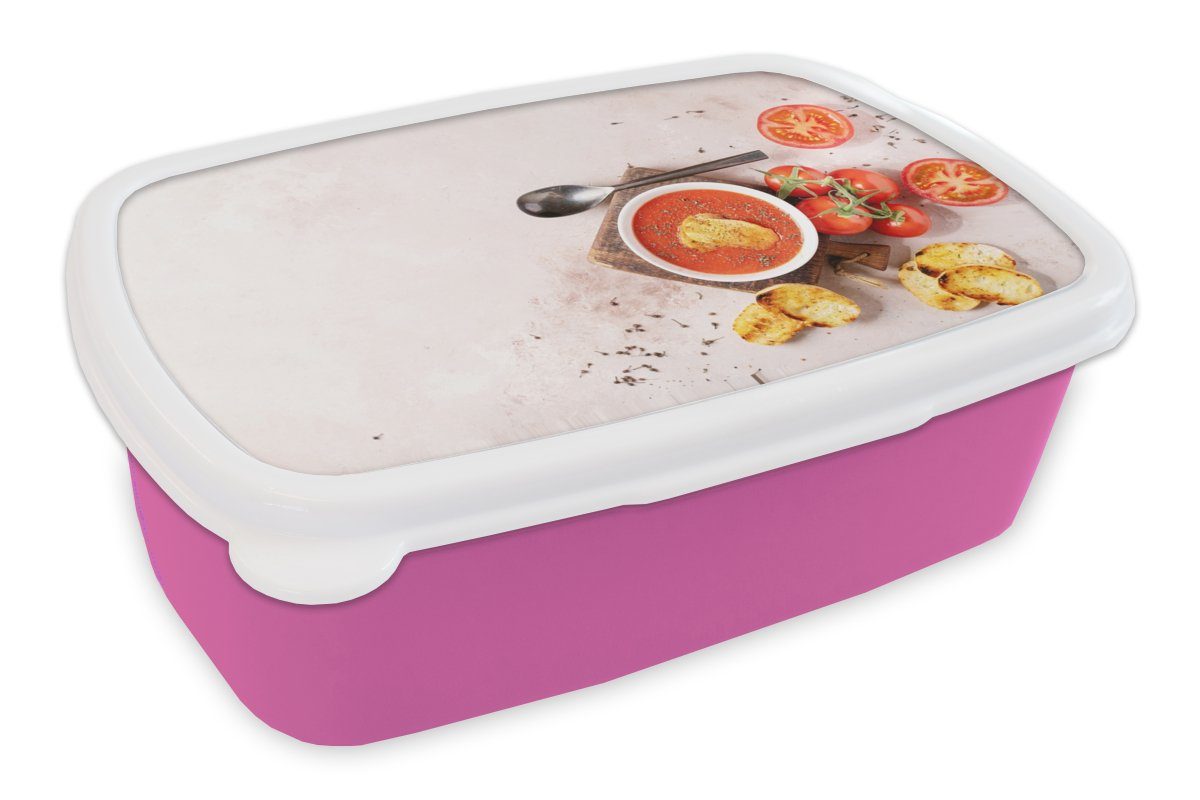 MuchoWow Lunchbox Tomate - Suppe - Küche - Kräuter, Kunststoff, (2-tlg), Brotbox für Erwachsene, Brotdose Kinder, Snackbox, Mädchen, Kunststoff rosa