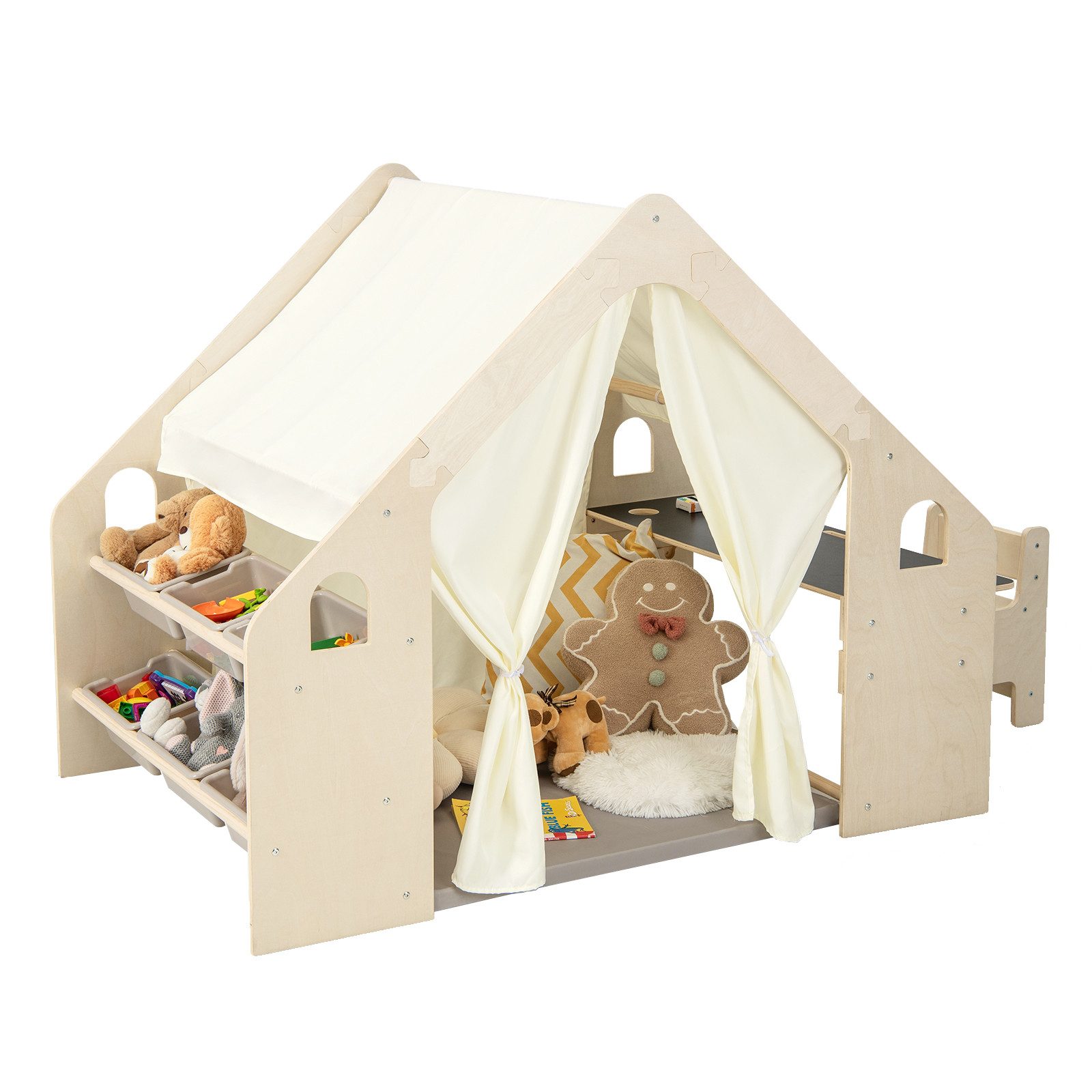 COSTWAY Spielzelt 6 in 1 Spielhaus mit Kindersitzgruppe & 6 Aufbewahrungsbox, Holz