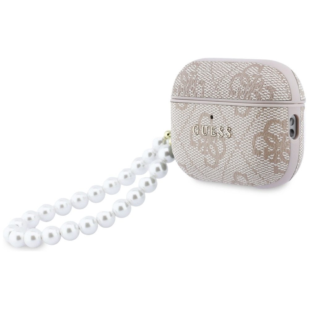 Guess Kopfhörer-Schutzhülle Case AirPods Pro 3 Kunstleder rosa Logo goldfarben mit Kette, Kantenschutz