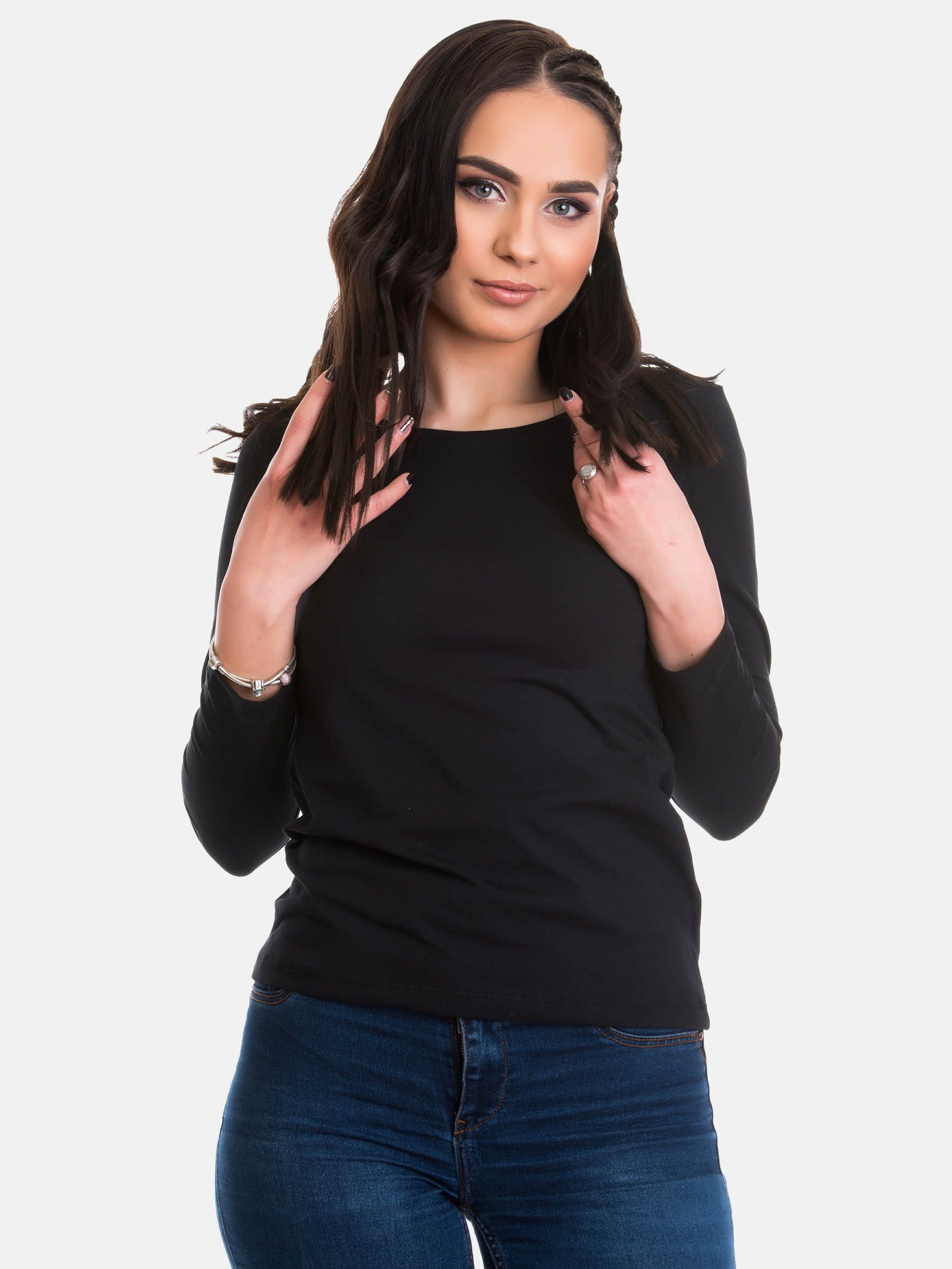 Evoni Langarmshirt Langarm Rundhals Baumwolle Basic Shirt schwarz