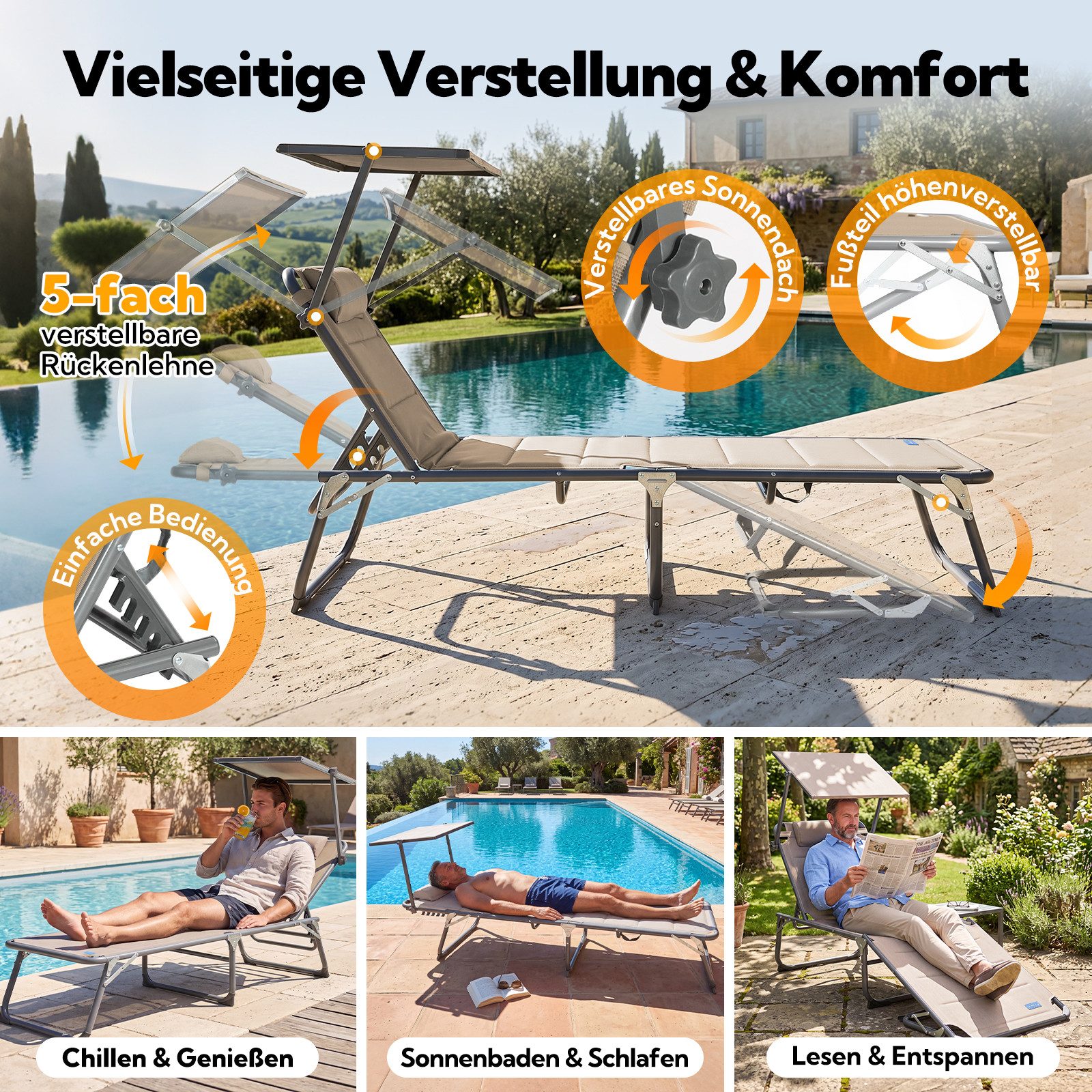 HOMECALL Gartenliege Sonnenliege AluLiege Liegestuhl Strandliege Liegen wetterfest, klappbar, Textilene Mit Dickemschnelltrocknende Schaumstoffpolsterung, Verst – Bild 3 von 5