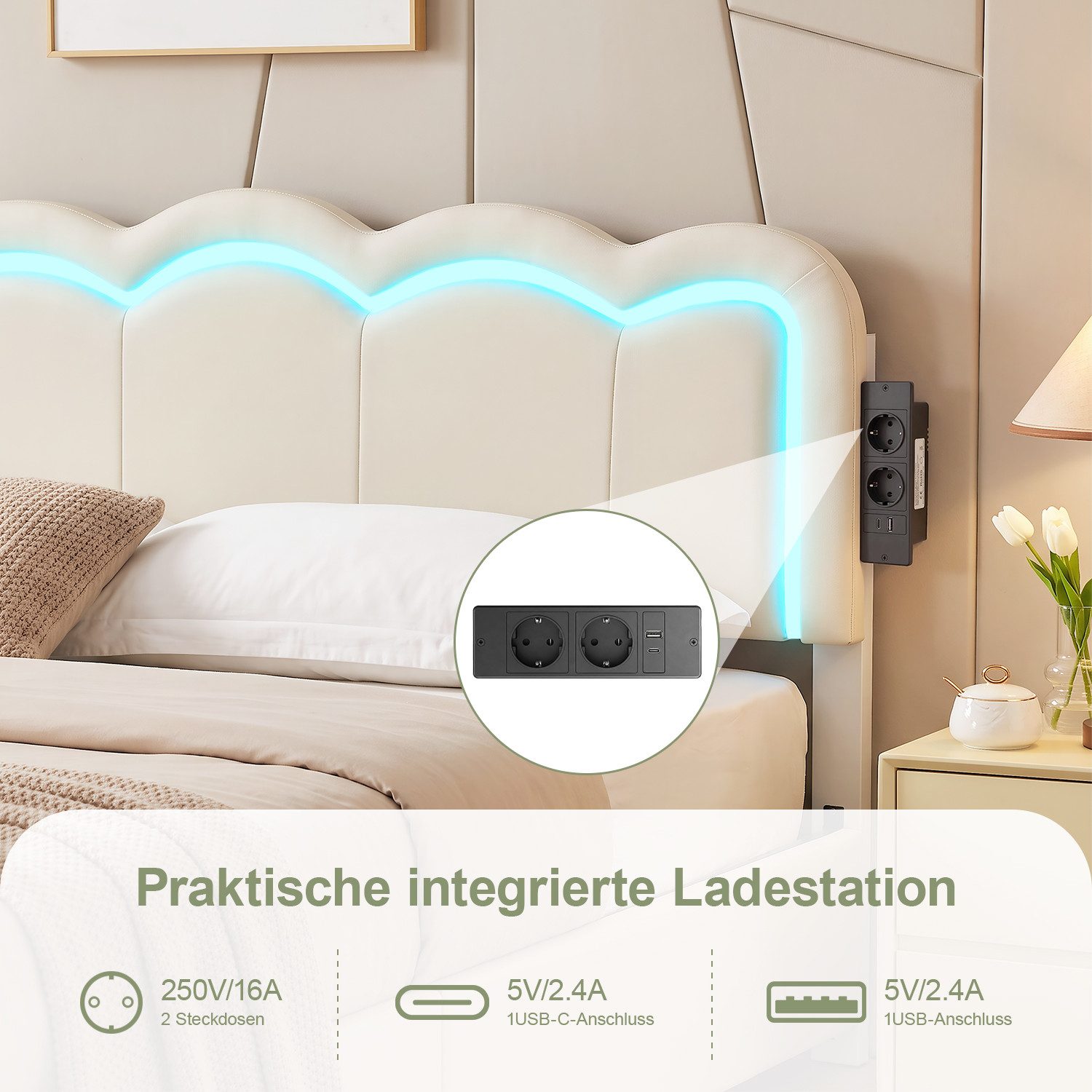 oyajia Polsterbett Kinderbett Jugendbett, Ladestation & LED-Beleuchtung,PU-Kunstleder (Kopfteil hochstellbar, 4 Schubladen), Modernes Jugendbett, Leises Design Bett, Max. Belastbarkeit 350 kg