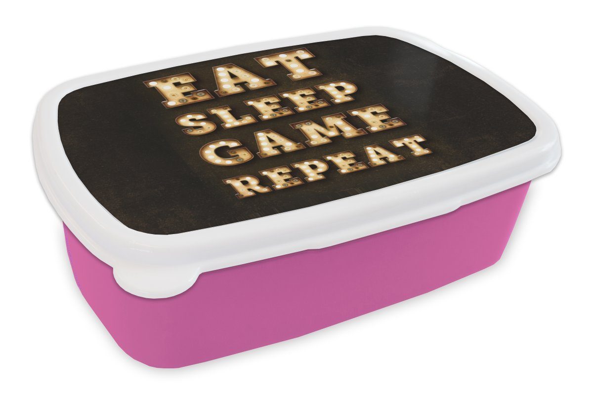 MuchoWow Lunchbox Spiele - Spiele - Zitate - Sprichwörter - Eat sleep game repeat, Kunststoff, (2-tlg), Brotbox für Erwachsene, Brotdose Kinder, Snackbox, Mädchen, Kunststoff rosa