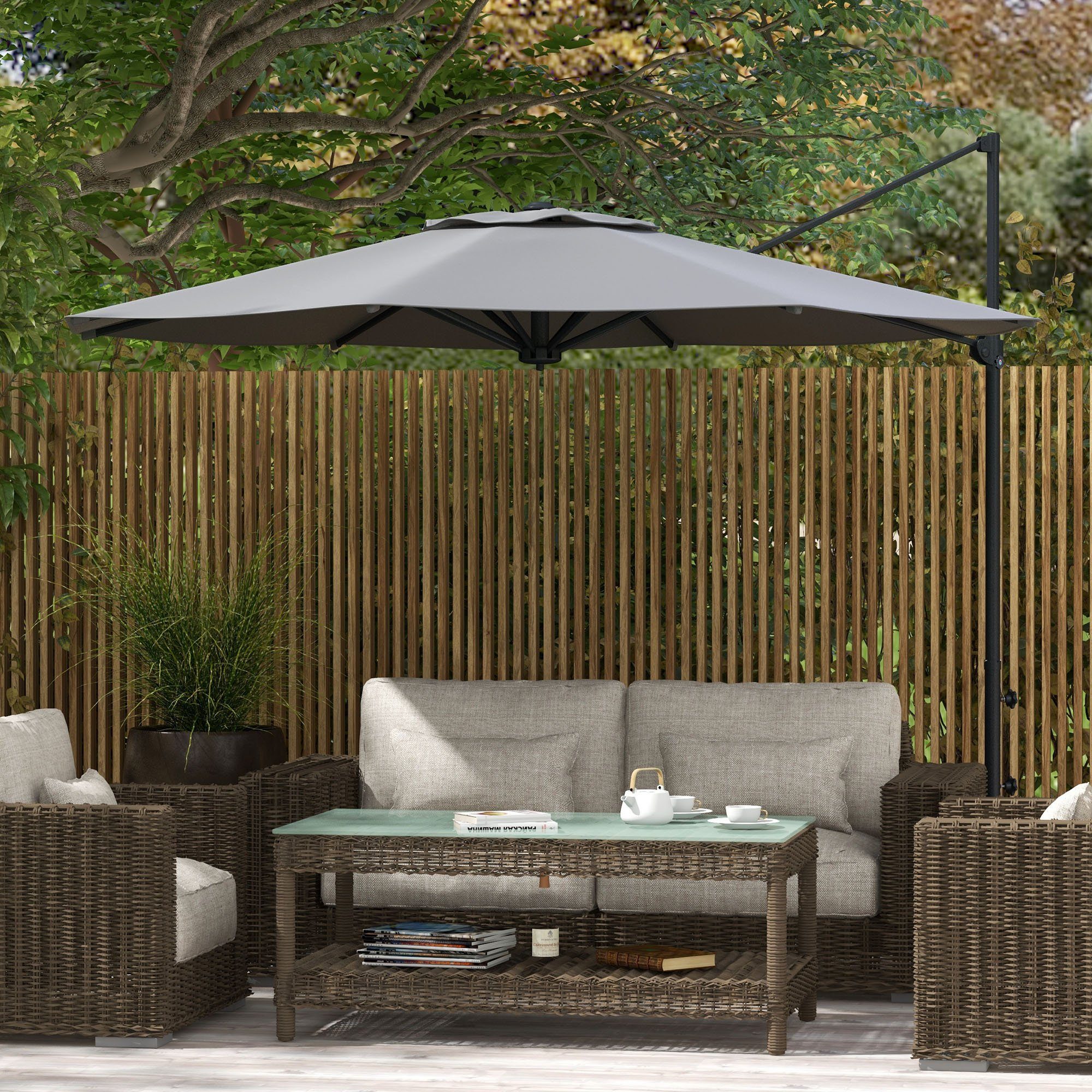Outsunny Ampelschirm Drehbarer Gartenschirm für Balkon, Terrasse, Metall, LxB: 294x294 cm, Sonnenschirm mit Kurbel, Neigbarer Marktschirm, Dunkelgrau