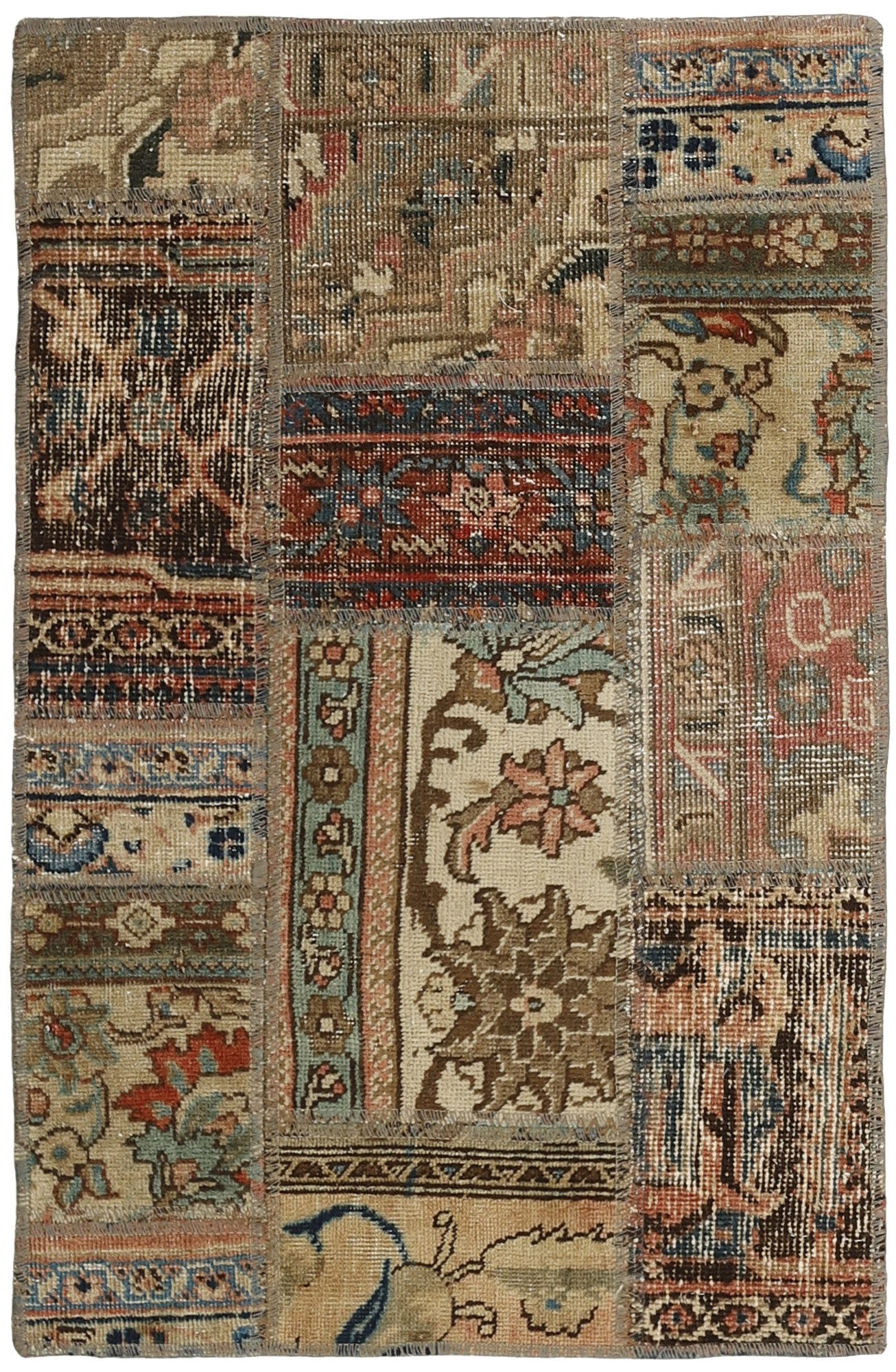 Wohnando Teppich MY-RUG Vintage Patch Work Floral & Ornamentiert 90x60cm, Rechteckig, Höhe: 10 mm, Handgeknüpfter Teppich,Handgesponnene Wolle, mit Naturfarben gegärbt