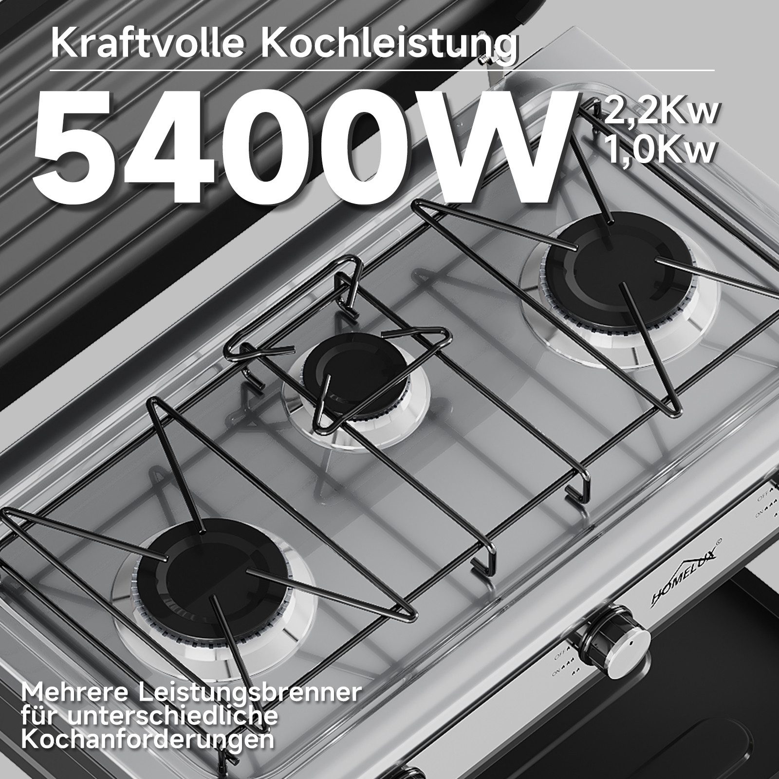 HOMELUX Gaskocher Campingkocher, 3/4/5 Flammig Gasherd Kochfeld, Campingkocher mit 1,5M Anschlussschlauch und Druckminderer 50 mbar