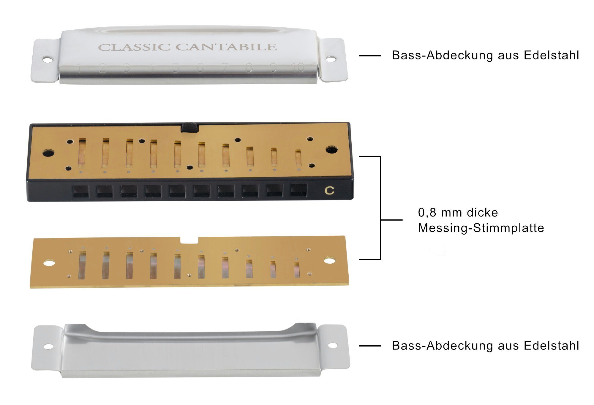 Classic Cantabile Mundharmonika AHB-150 ECO C-Dur, inkl. Etui & Pflegetuch, Stimmplatte aus Messing - verchromtes Edelstahl-Gehäuse