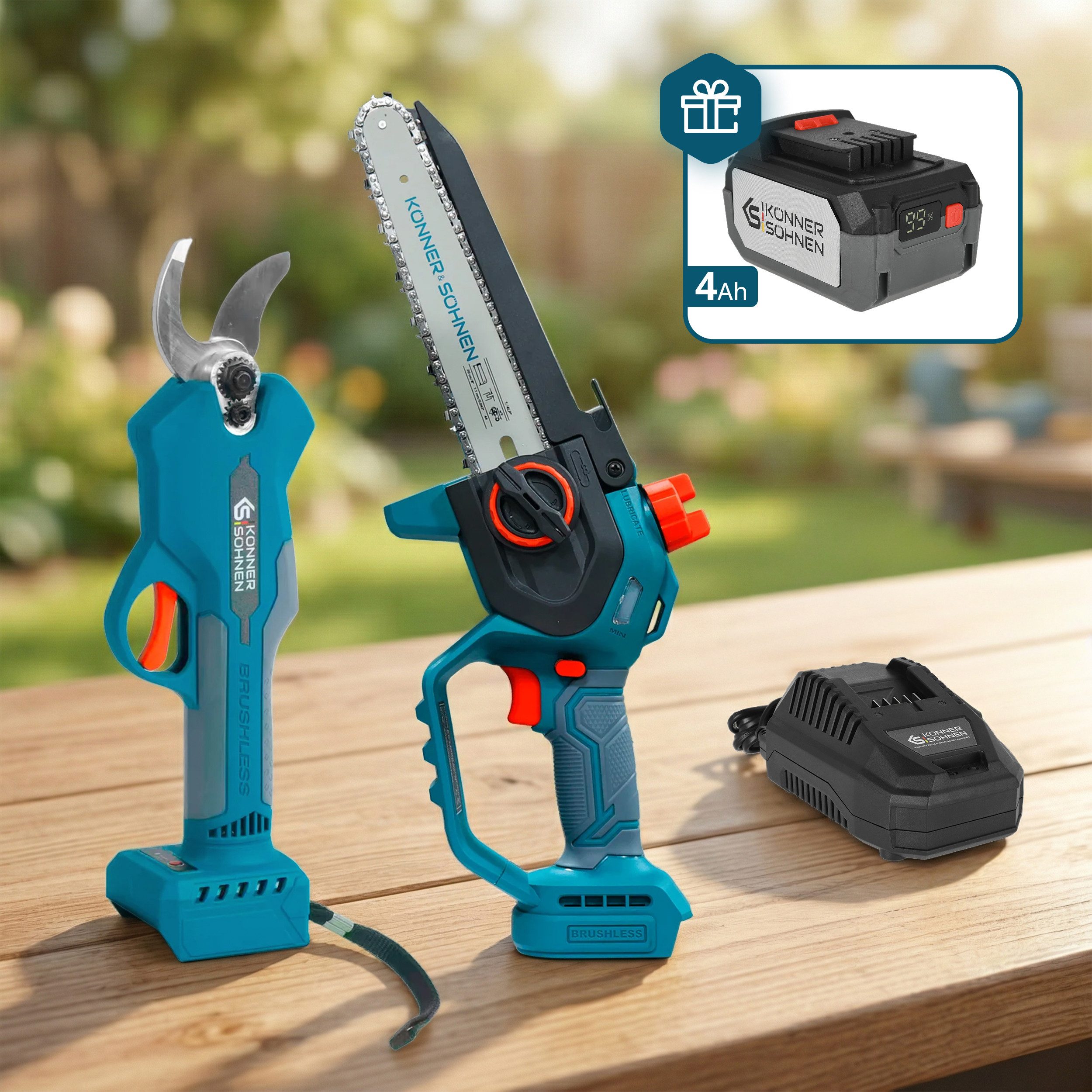 Könner & Söhnen Akku-Astschere KS MCS-CSP-SET, (Baumpflege-Set mit Astschneider, Mini-Säge, Akku & Ladegerät, 1 St., Inklusive 4Ah Akku als Geschenk & 4,5A Schnellladegerät), Bürstenlose Motoren, autom. Kettenölung, 32mm Astschnitt