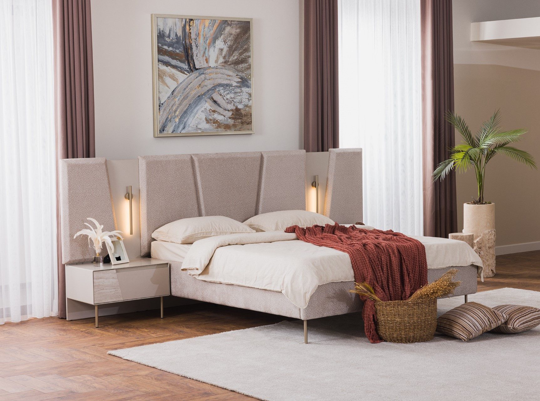 JVmoebel Schlafzimmer-Set Beige Schlafzimmer Set aus Holz – Design & Gemütlichkeit erleben, (3-tlg., MaßeBett, Maße2x Nachttische), Made in Europe