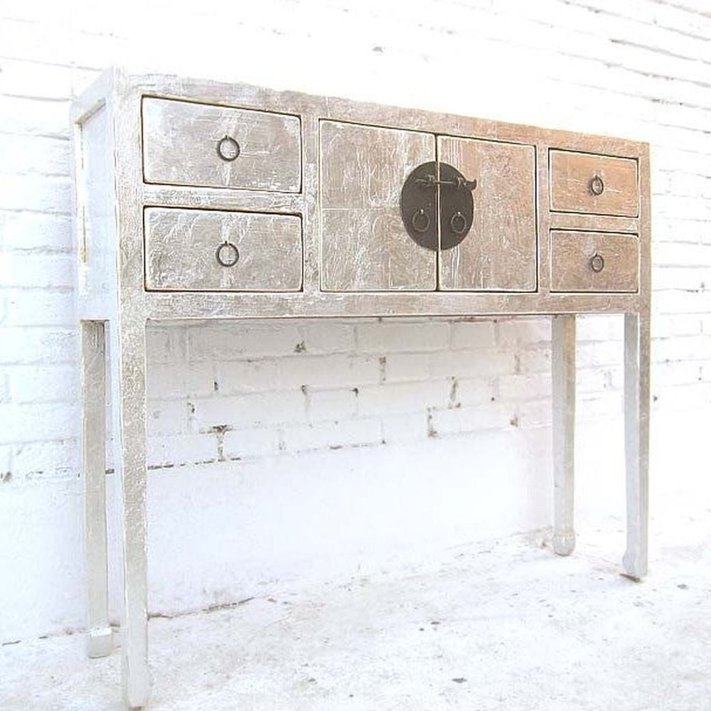 Luxury-Park-Direct Kommode China elegante hochbeinige Konsole Garderobentisch silber lackierte Pi