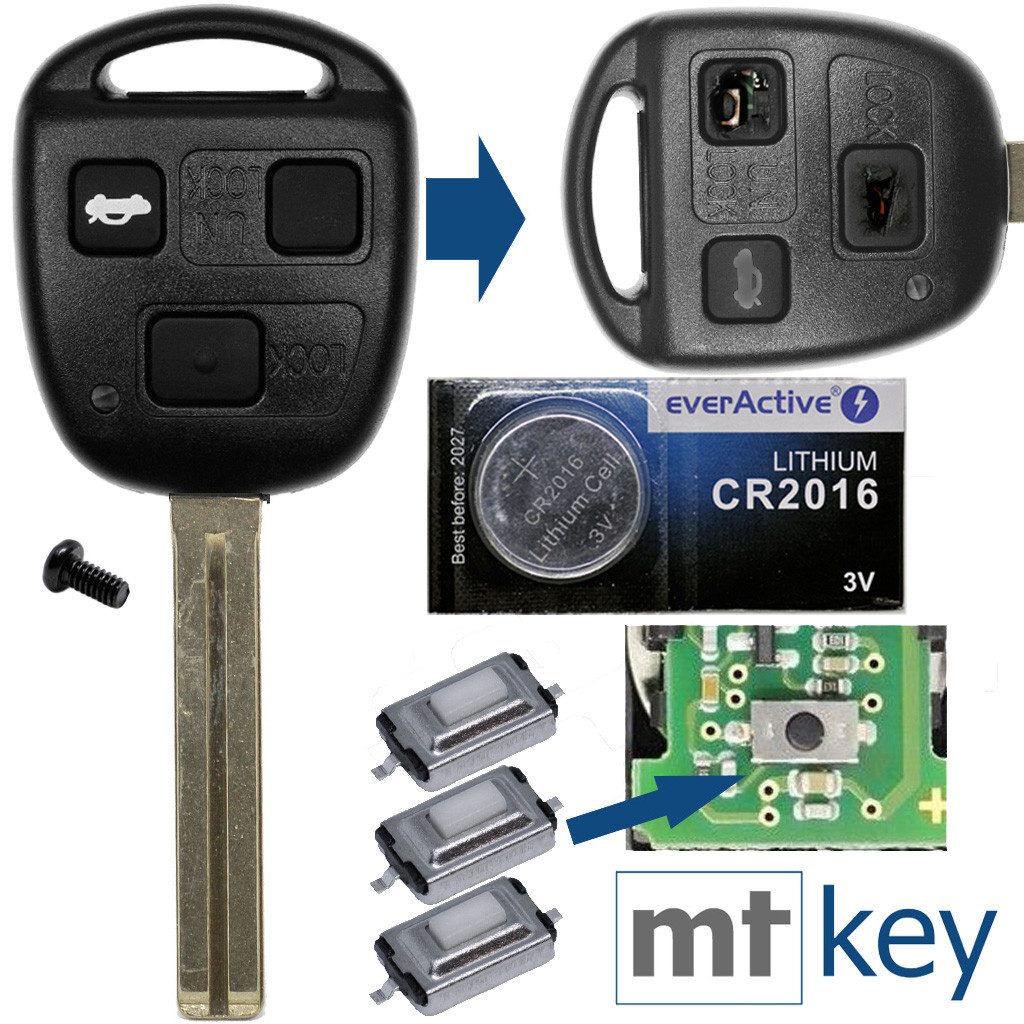 mt-key Auto Schlüssel 3 Tasten Set + TOY40 + Tastenfeld + 3X Taster + CR2016 Knopfzelle, CR2016 (3 V), für LEXUS GS LS IS RX 200 300 400 430 470 570 Funk Fernbedienung