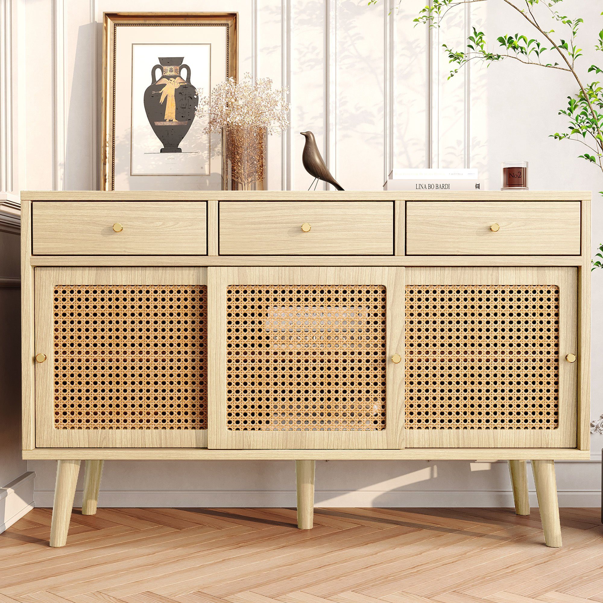Flieks Kommode mit 3 Schubladen und Schiebetüren aus Rattangeflech (mit verstellbaren Einlegeböden, 1 St., 120x40x78 cm), Mehrzweckschrank Sideboard Eichenfarbe, Massivholzbeine