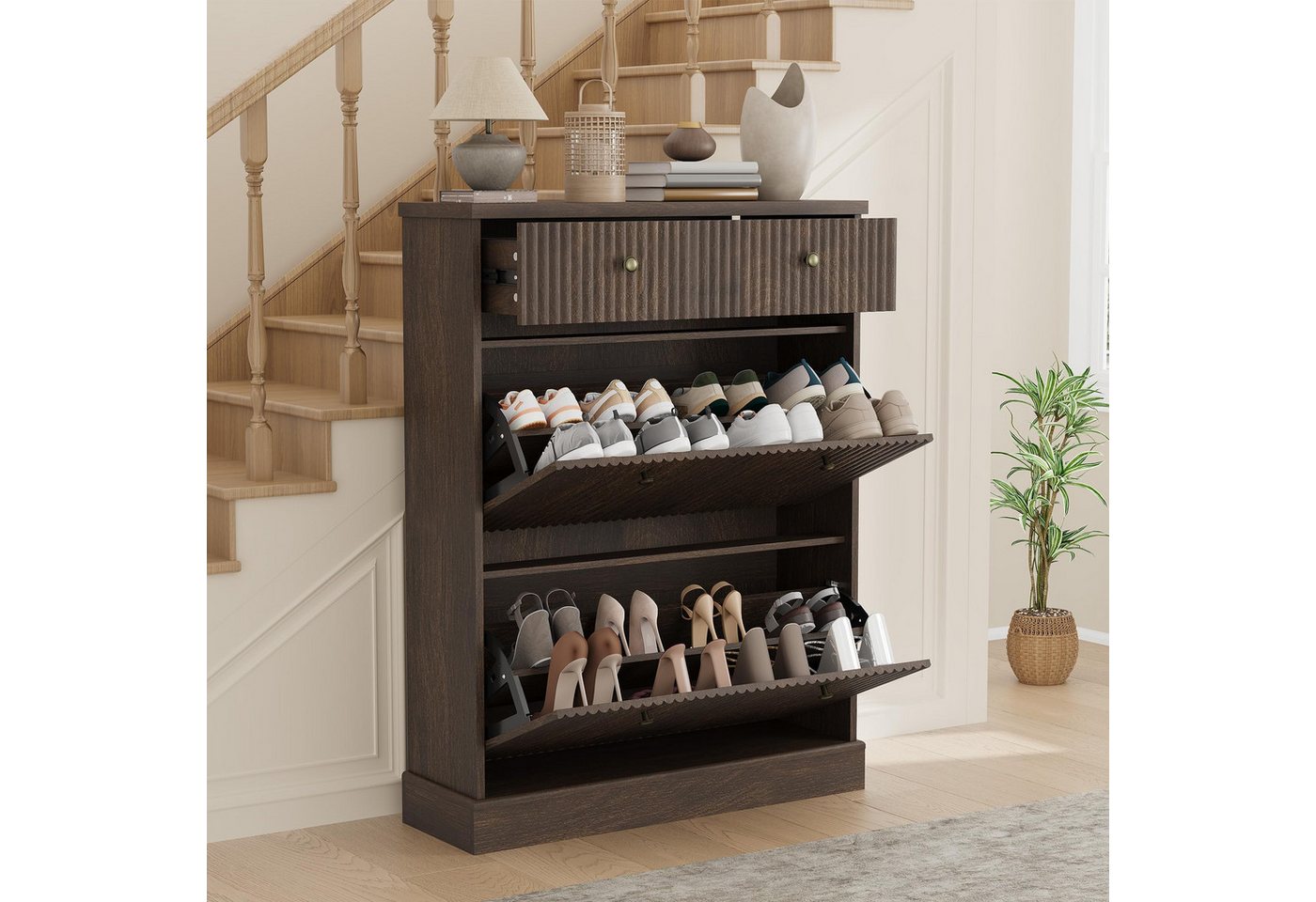 GarveeMore Schuhschrank Moderner Rillenprofil mit 2 Klappschubladen und oberer Schublade (1-St) (B80/T25/H107 cm) Schuhregal für 12–16 Paar Schuhe, für Flur und Diele