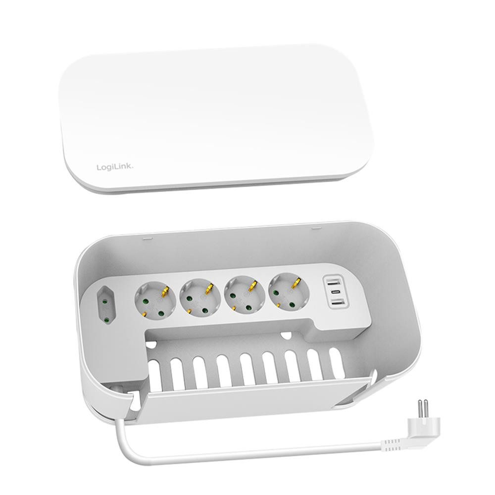 LogiLink Kabelbox LPS281U mit 5-fach-Steckdosenleiste, 3x USB, 285 x 145 x 13 mm, Kabelmanagement Box, Mehrfachsteckdose USB, 3600 W, Alltag, Weiß – Bild 5 von 5