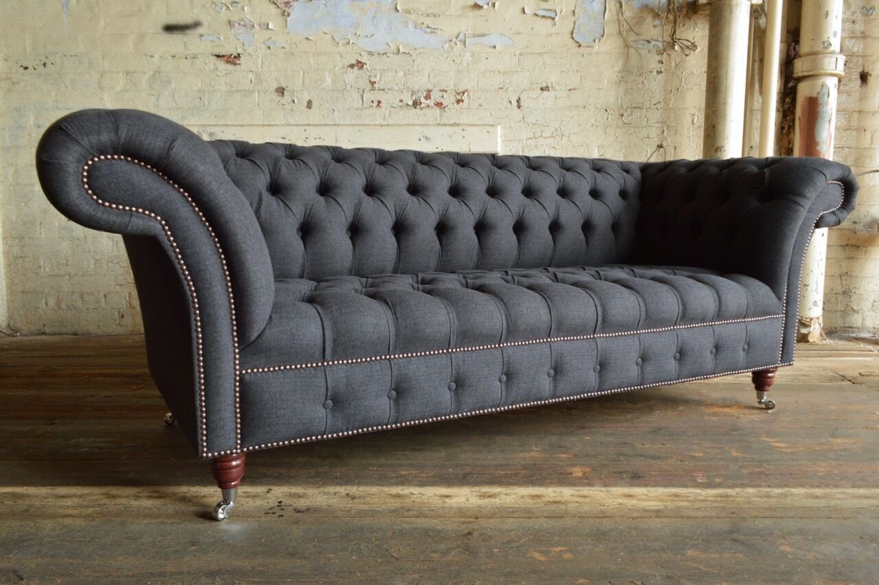 Original Couchen Grau Chesterfield-Sofa Neu, JVmoebel Chesterfield Stoff Sofas JVMoebel Rückenlehne mit Die Sofa Knöpfen.