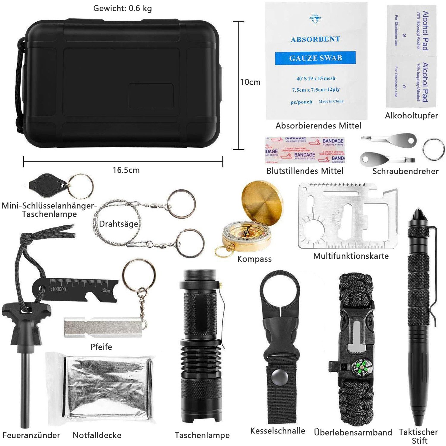 AIMAX Multitool Survival Kit 18 in 1, Outdoor Ausrüstung Erste-Hilfe-Set Outdoor-Sport, (Außen Notfall Set mit Kompass Taktische Taschenlampe Weiterem Zubehör, 1 St., für Camping, Bushcraft, Wandern, Jagde, Abenteuer, Auto Outdoor), Coole Geburtstagsgeschenk für Männer, Freund Papa, Ehemann, Teenager
