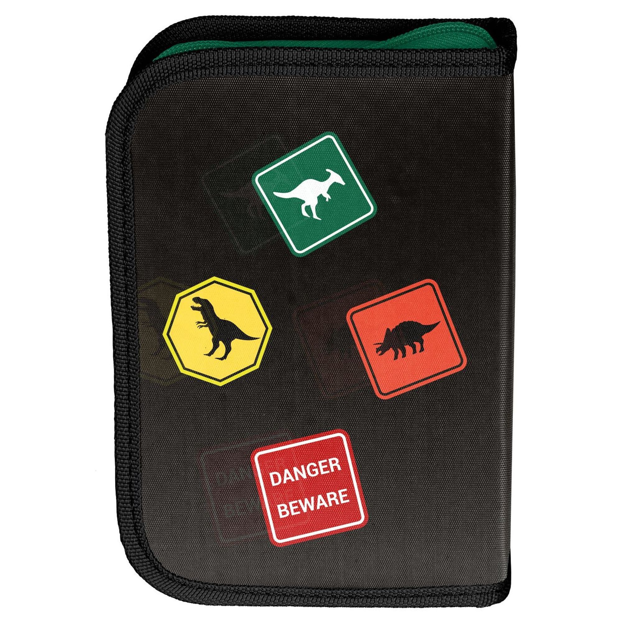 PASO Schulranzen 3-teiliges Schulset: Dinosaurier - schwarz (Rucksack + Tunrbeutel + unbefüllte Federmappe)