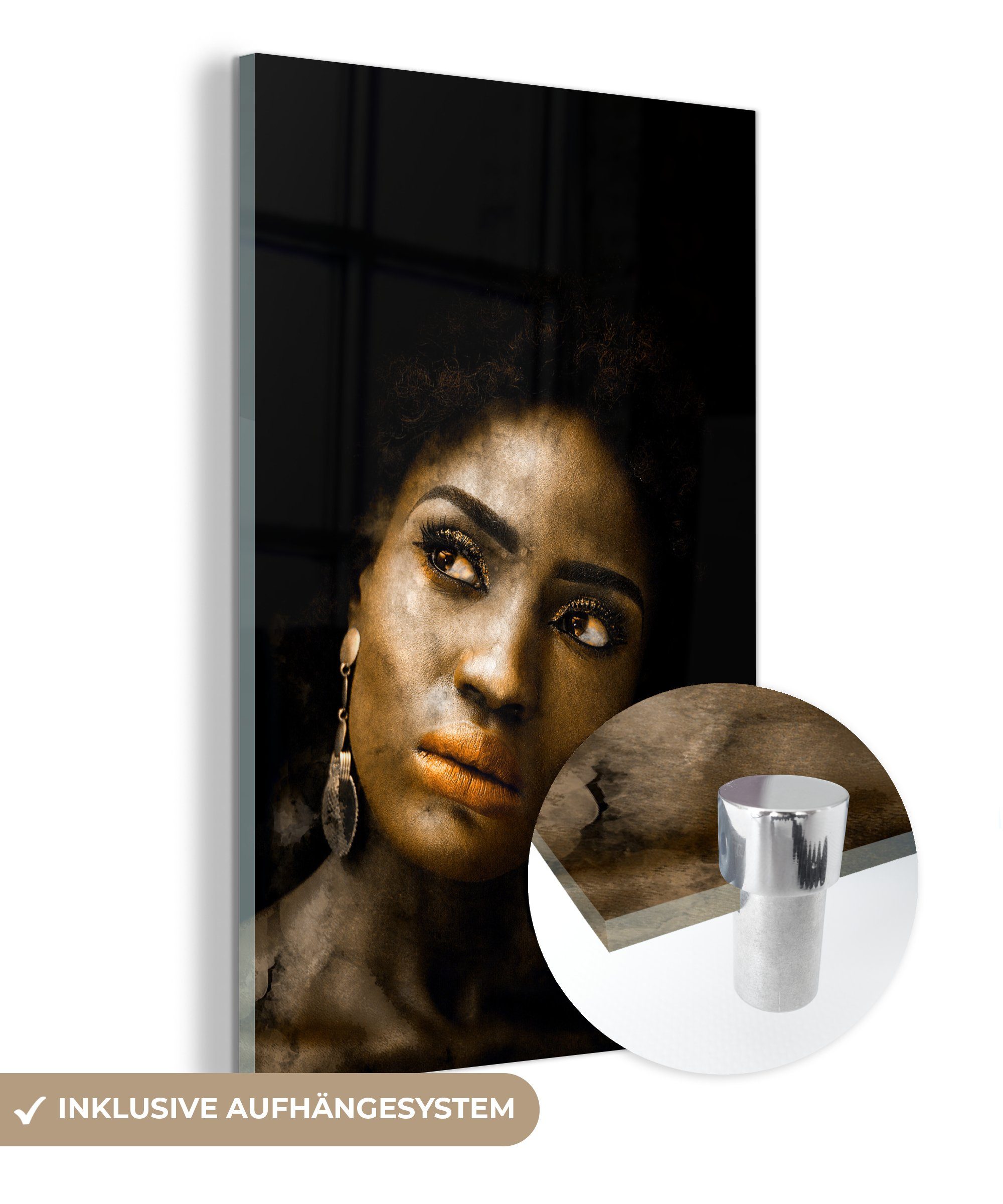MuchoWow Acrylglasbild Frau - Ohrringe - Gold, (1 St), Glasbilder - Bilder auf Glas Wandbild - Foto auf Glas - Wanddekoration