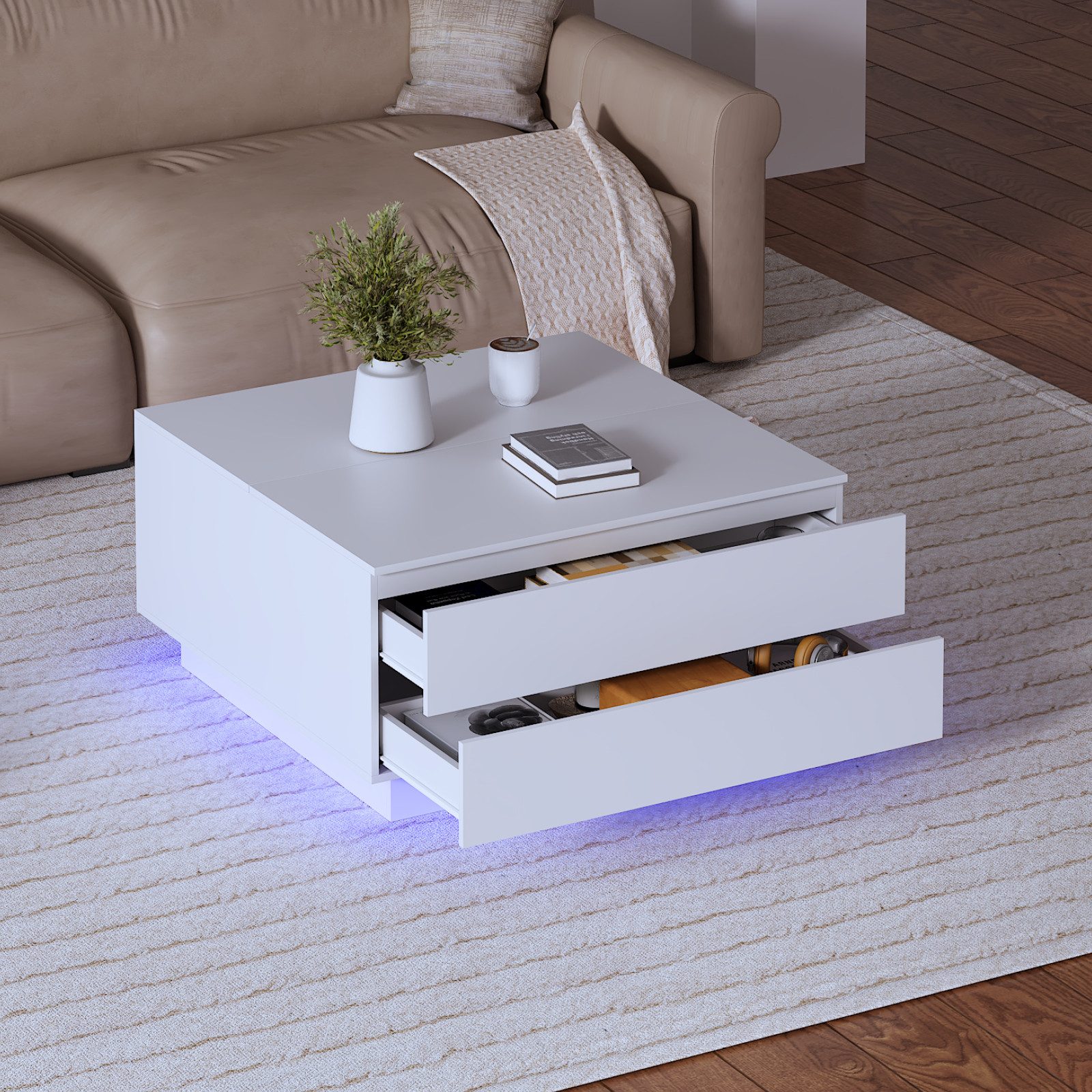 radelldar Couchtisch mit 2 Schubladen und aufklappbarer Tischplatte, 78x78x40cm (1-St), Wohnzimmertisch Beistelltisch mit LED-Beleuchtung