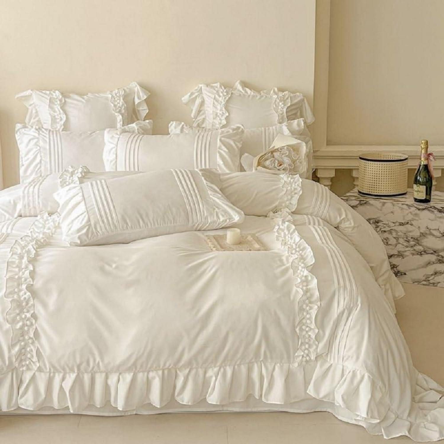 LuxusKollektion Bettwäsche Bettwäsche 2-tlg Rüschen 135x200 Weiß