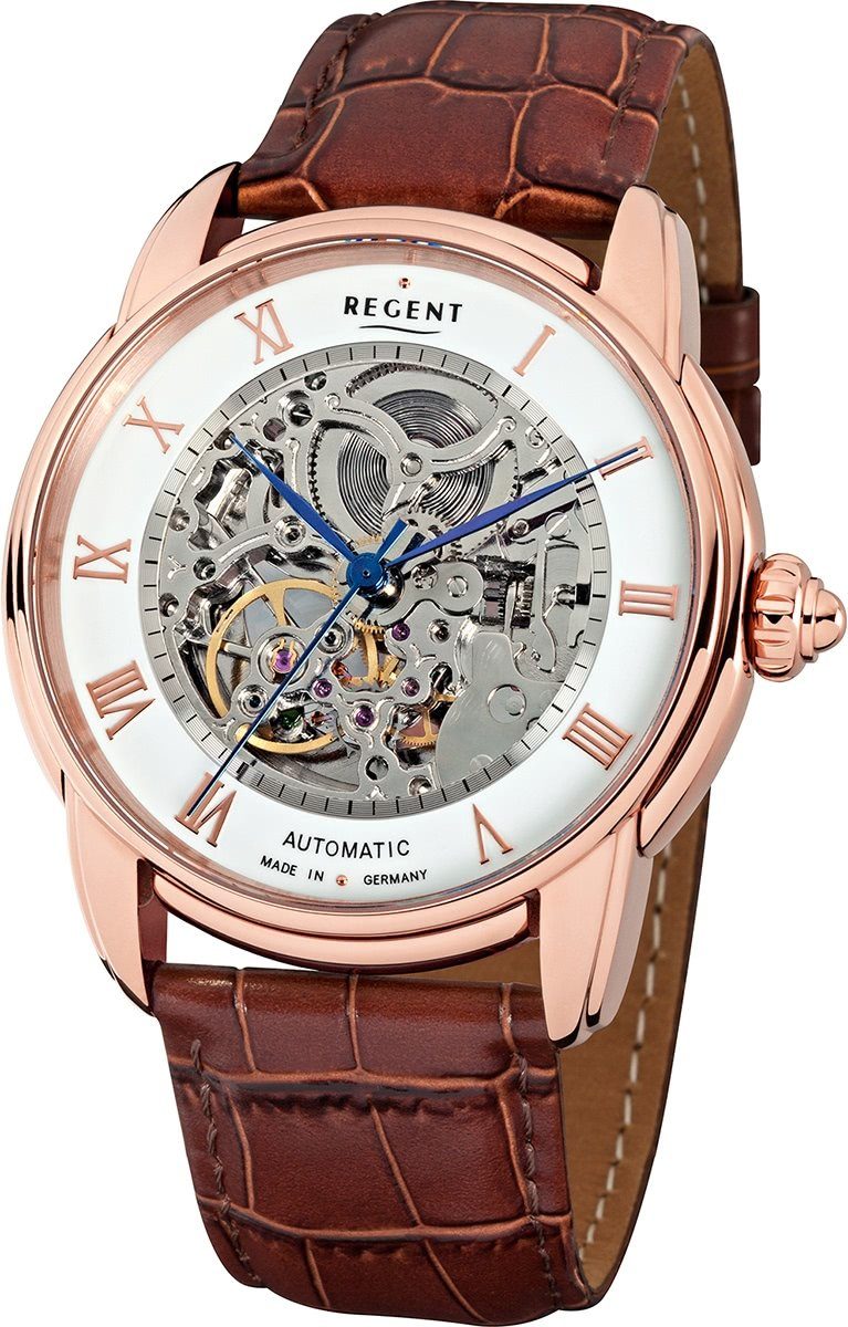 Regent Lederbandarmband Analog, groß (ca. Armbanduhr rund, Herren-Armbanduhr 42mm), Herren Quarzuhr braun Regent