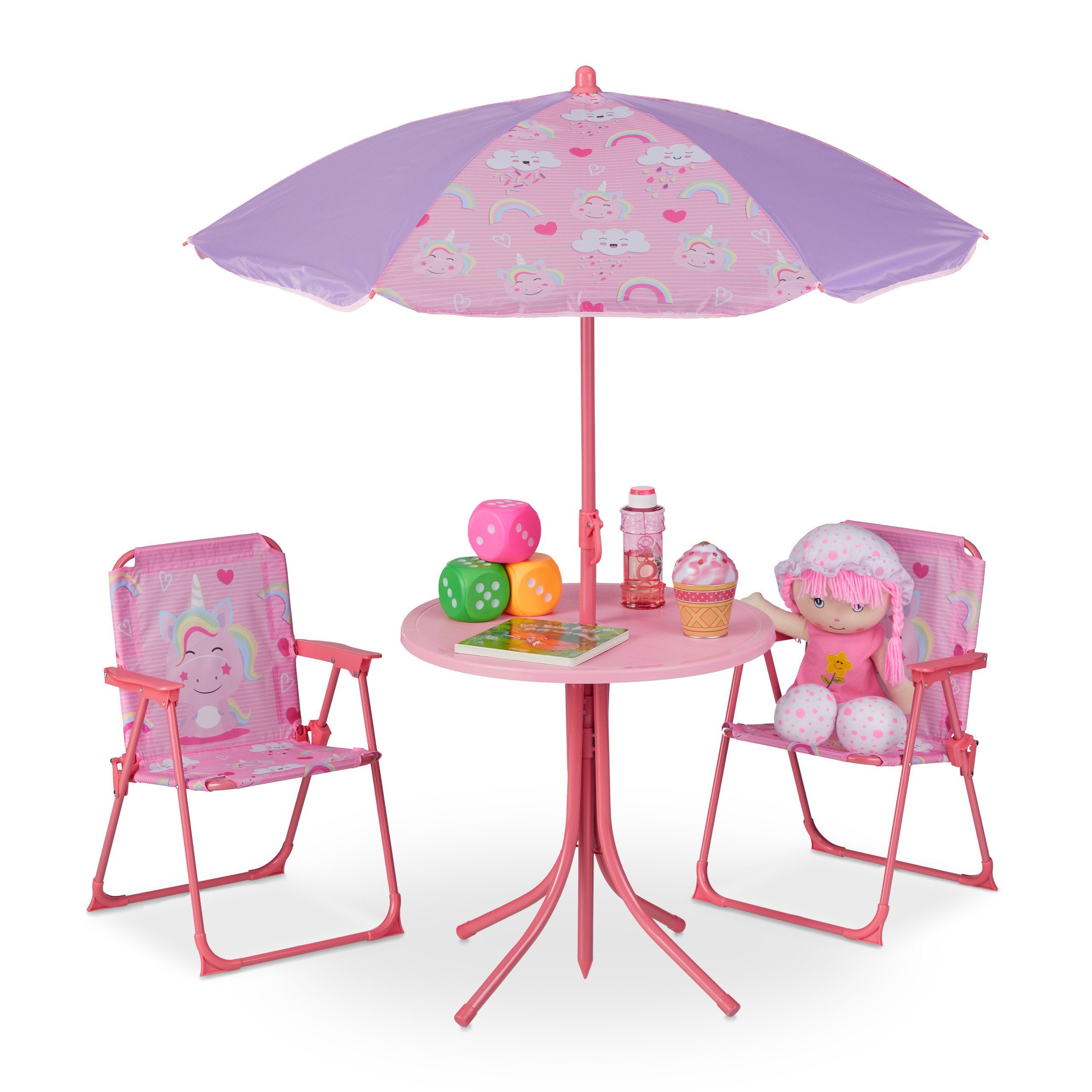 relaxdays Campingstuhl Camping Kindersitzgruppe mit Schirm, Unicorn Pink