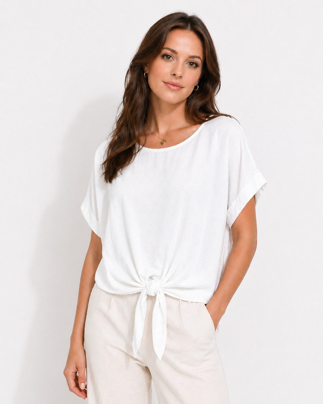ITALY VIBES Kurzarmbluse - sommerliche Bluse - Blusenshirt Damen mit Knotendetail ONE SIZE / passend für Größe S - L