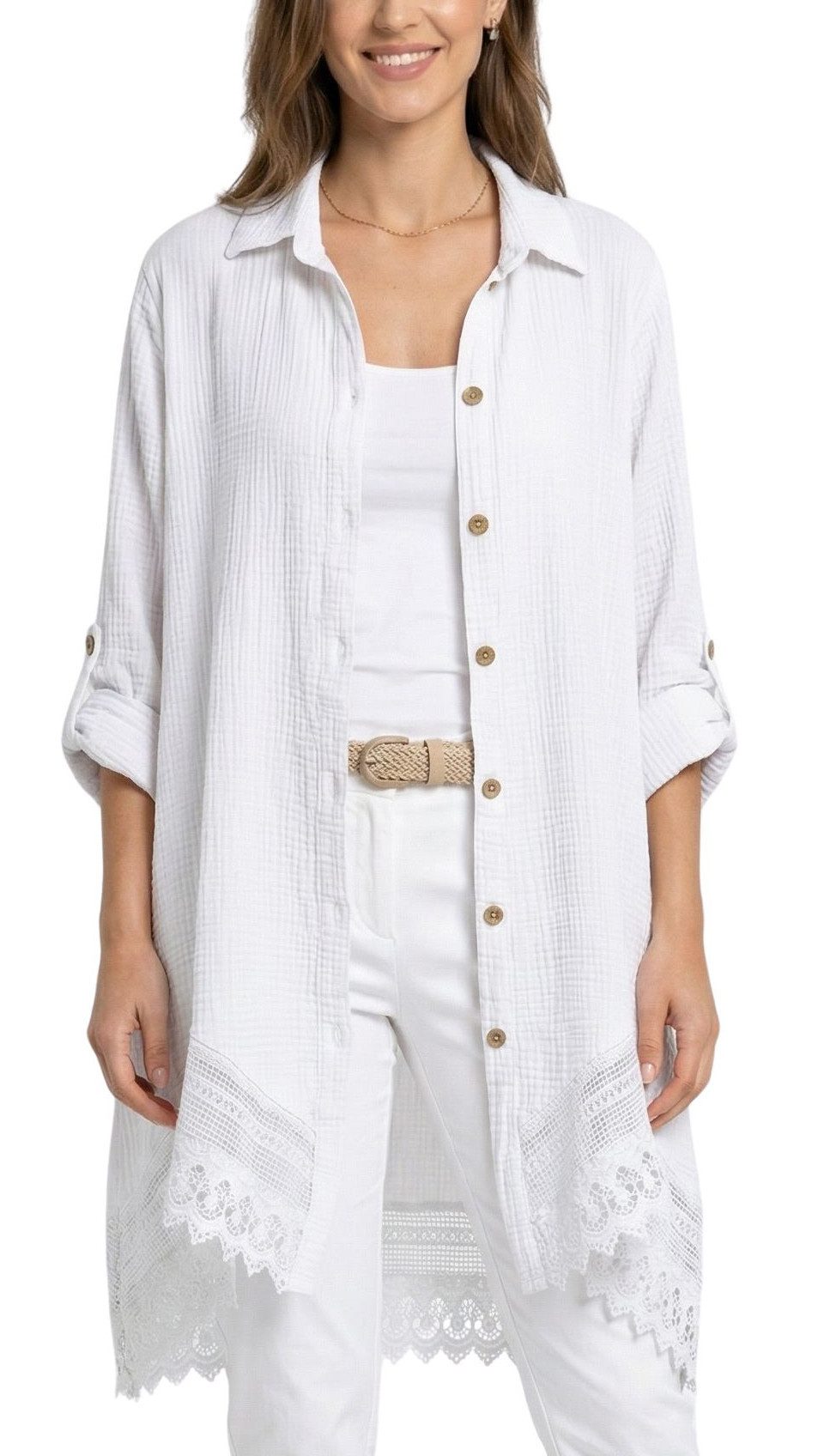 dy_mode Longbluse Damen Oversized Longbluse Musselin Tunika HemdbluseBlusenkleid in Unifarbe, dekorativem Häkel-Saum, Oversize-Passform