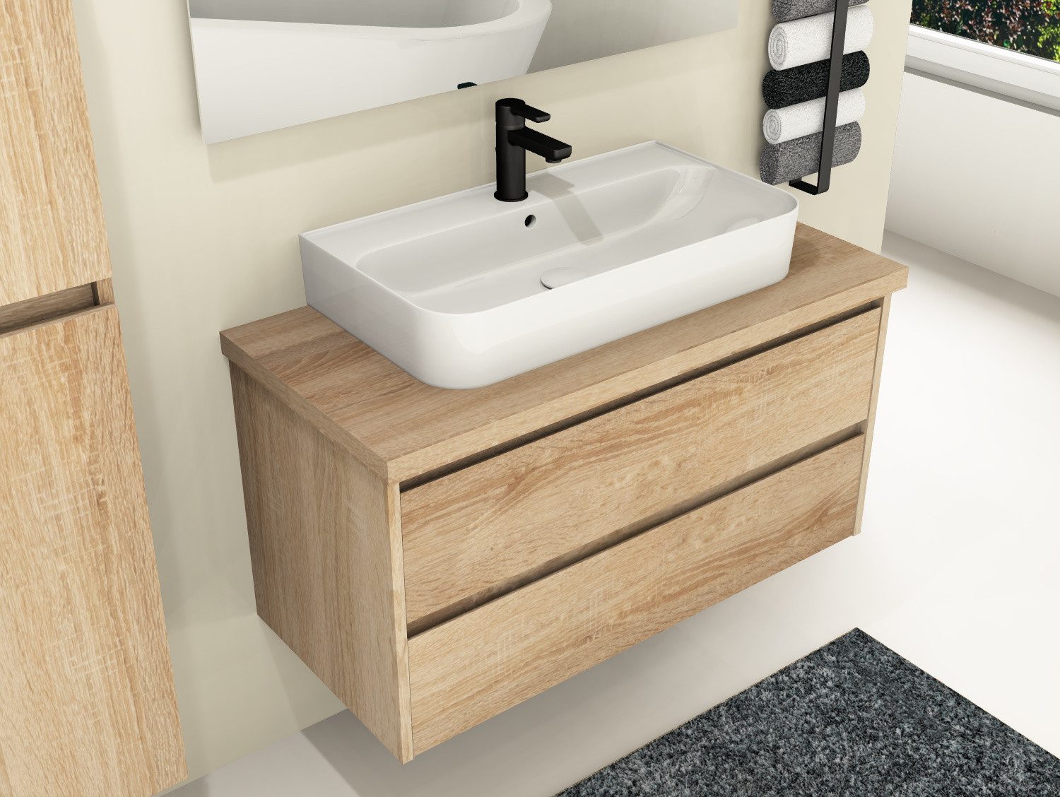 Aqua Bagno Badmöbel-Set Duo Waschplatz 100 cm Keramikbecken MDF Eiche Gold Soft-Close Badmöbel, (vormontiert, 3-St., Badmöbelschrank lackiert, Trägerplatte, Keramikwaschbecken)