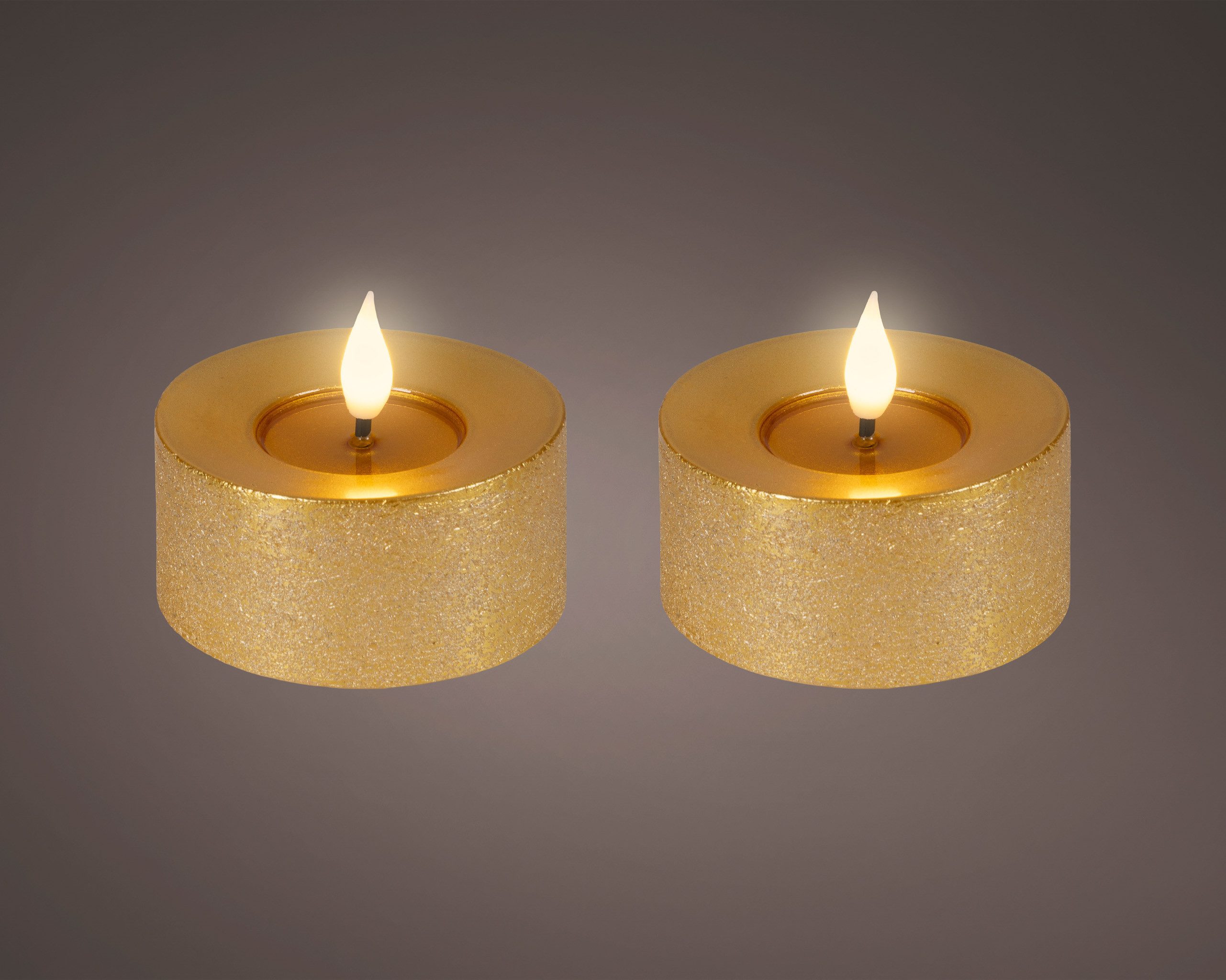 Lumineo LED-Kerze, Timer, warmweiß, LED Kerzen 6x7,5cm Timer Wachs 2 Stück - Flacker-Effekt Gold Warmweiß