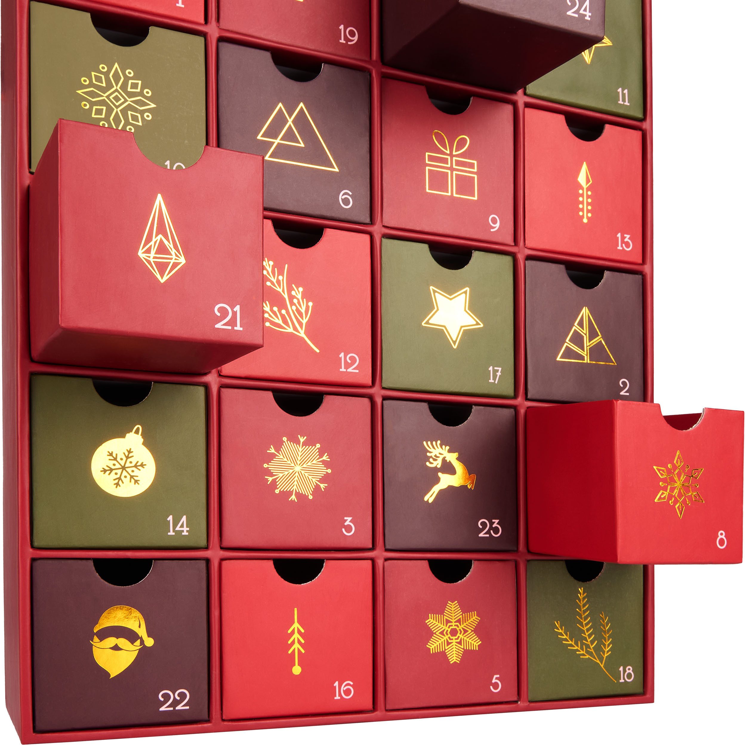 BRUBAKER befüllbarer Adventskalender DIY Weihnachtskalender mit 24 Türchen zum Befüllen - Rot Grün Gold (Traditionelles Weihnachten, 1-tlg), Kalender für Gutscheine Süßigkeiten 39 cm Pappe