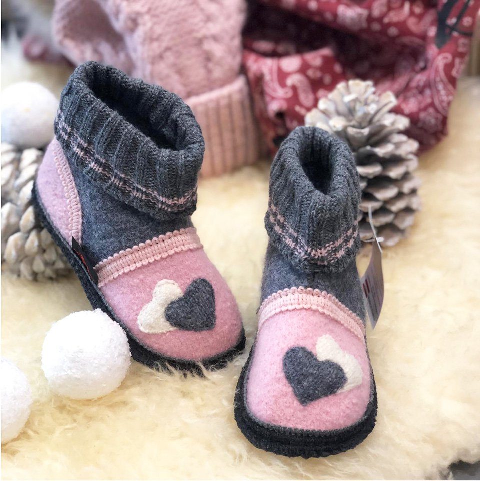 Beck Hüttenschuh Little Hearts Hüttenschuhe (aus Österreich, für Kita, Schule und Zuhause geeignet) sehr warm, 100% atmungsaktive Schurwolle, rutschfeste Sohle