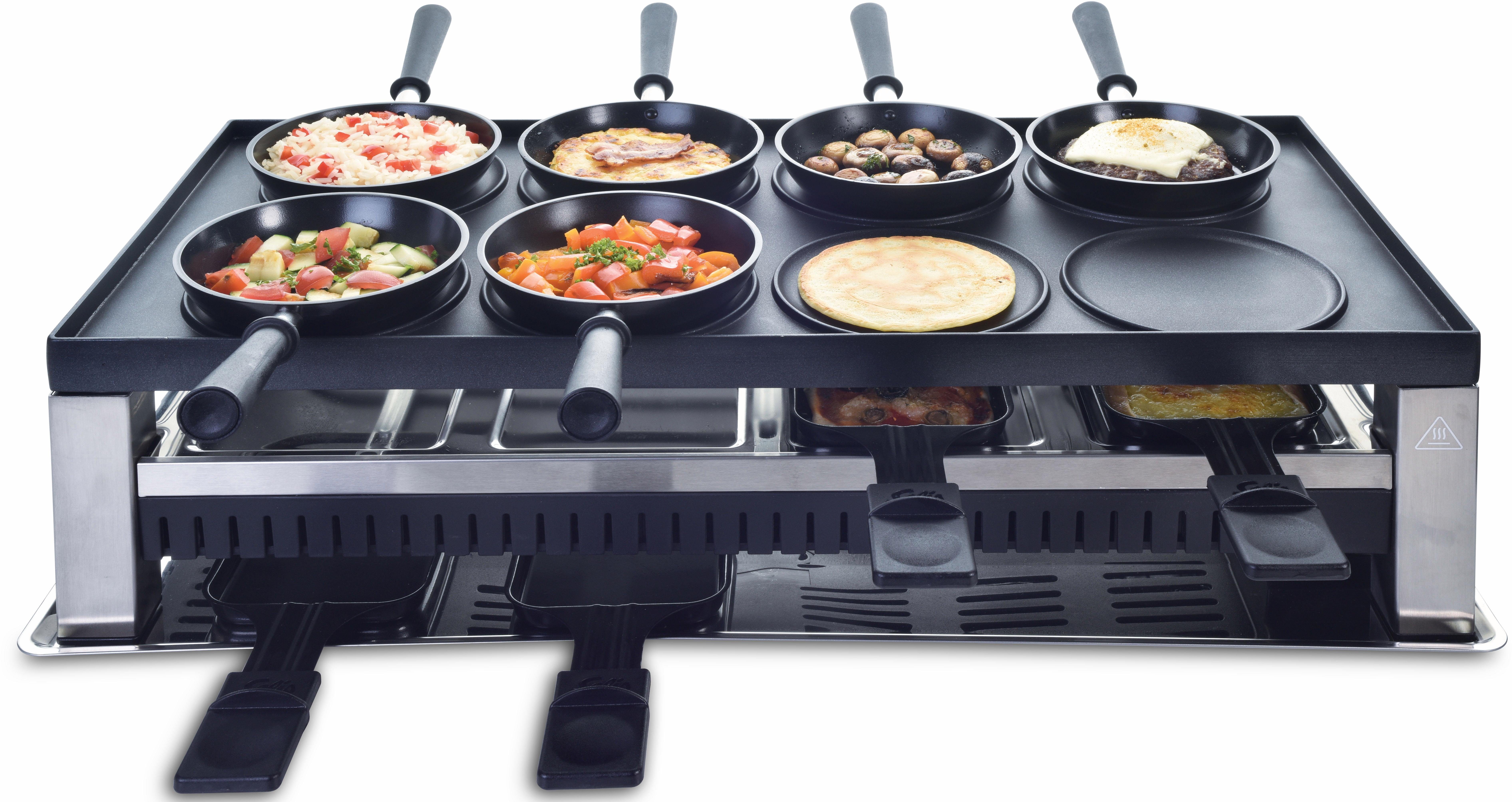 SOLIS OF SWITZERLAND Raclette Typ 791, 8 Raclettepfännchen, 1400 W, 5in1: Raclette, Tischgrill, Crépe, Mini Wok, Pizza