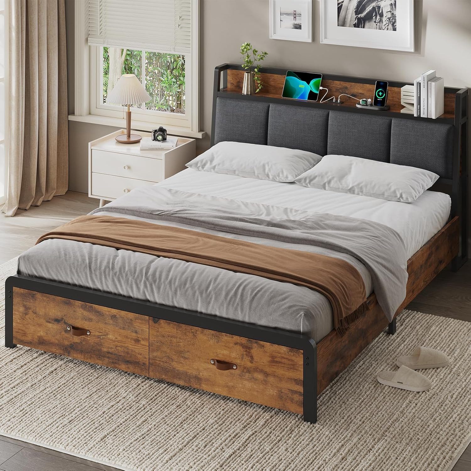 KIMENICH Metallbett Bettgestell mit Ladestation und 2 Schubladen, Jugendbett (1-tlg., Ohne Matratze), 160x200cm, Schwarz+Vintage Braun – Bild 4 von 5