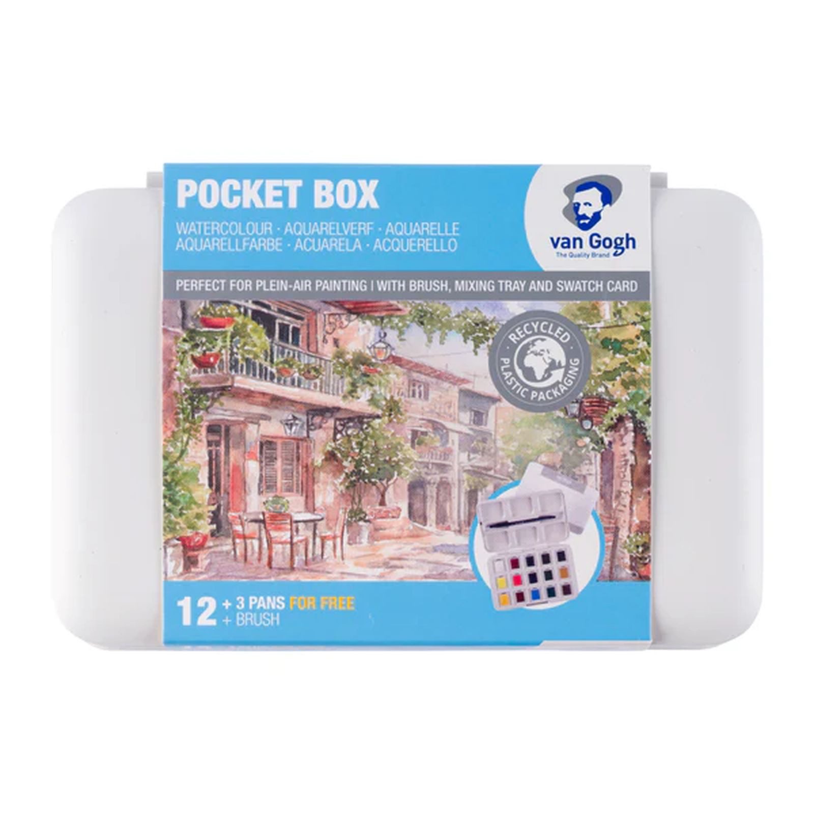 van Gogh Aquarellfarbe Pocket Box Basiskasten Aquarellfarben mit 12 Farben, halbe Näpfchen, + 3 Farben gratis