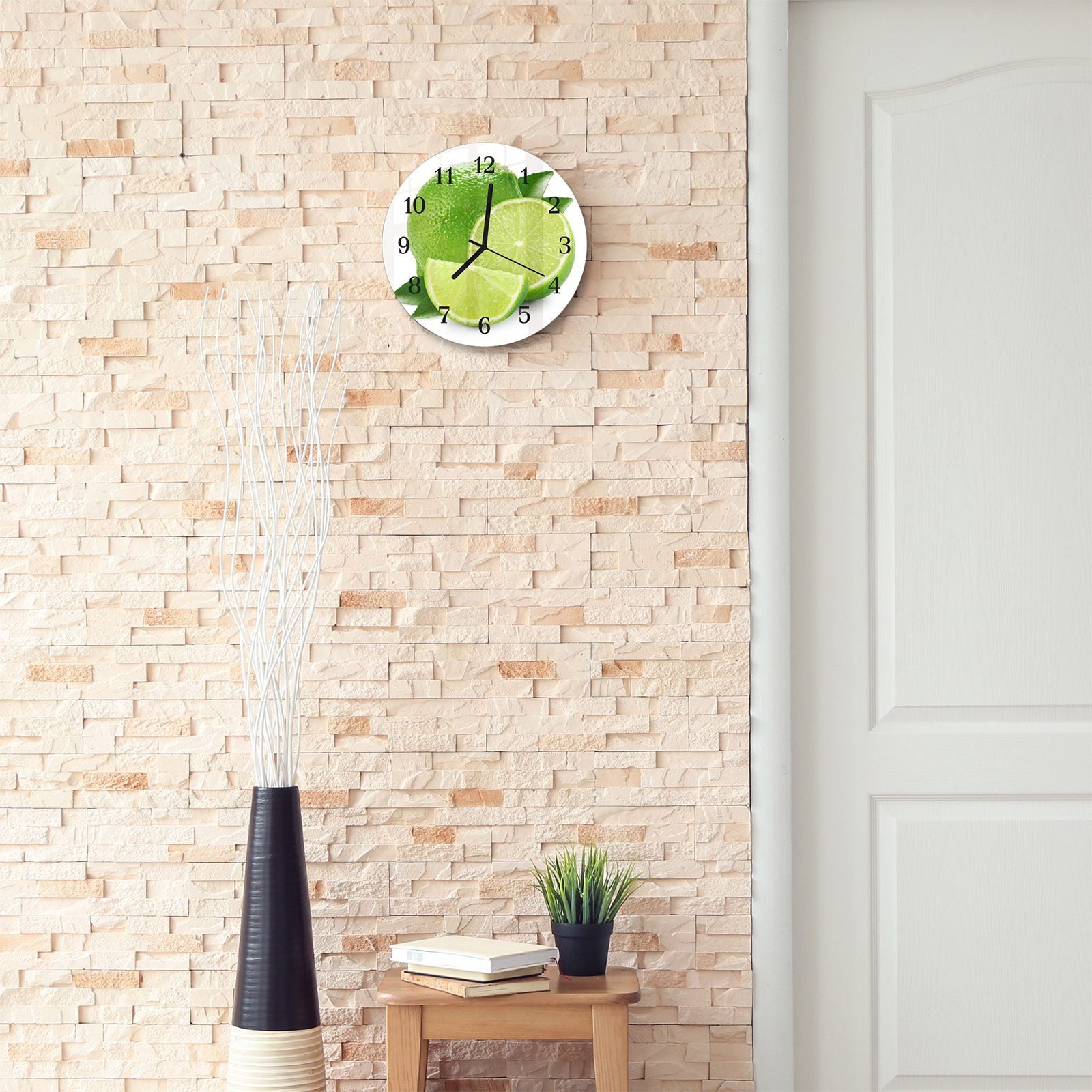 Wanduhr aus 30 Blättern Wanduhr mit Limette mit - Motiv cm und mit Quarzuhrwerk Rund Primedeco Durchmesser Glas