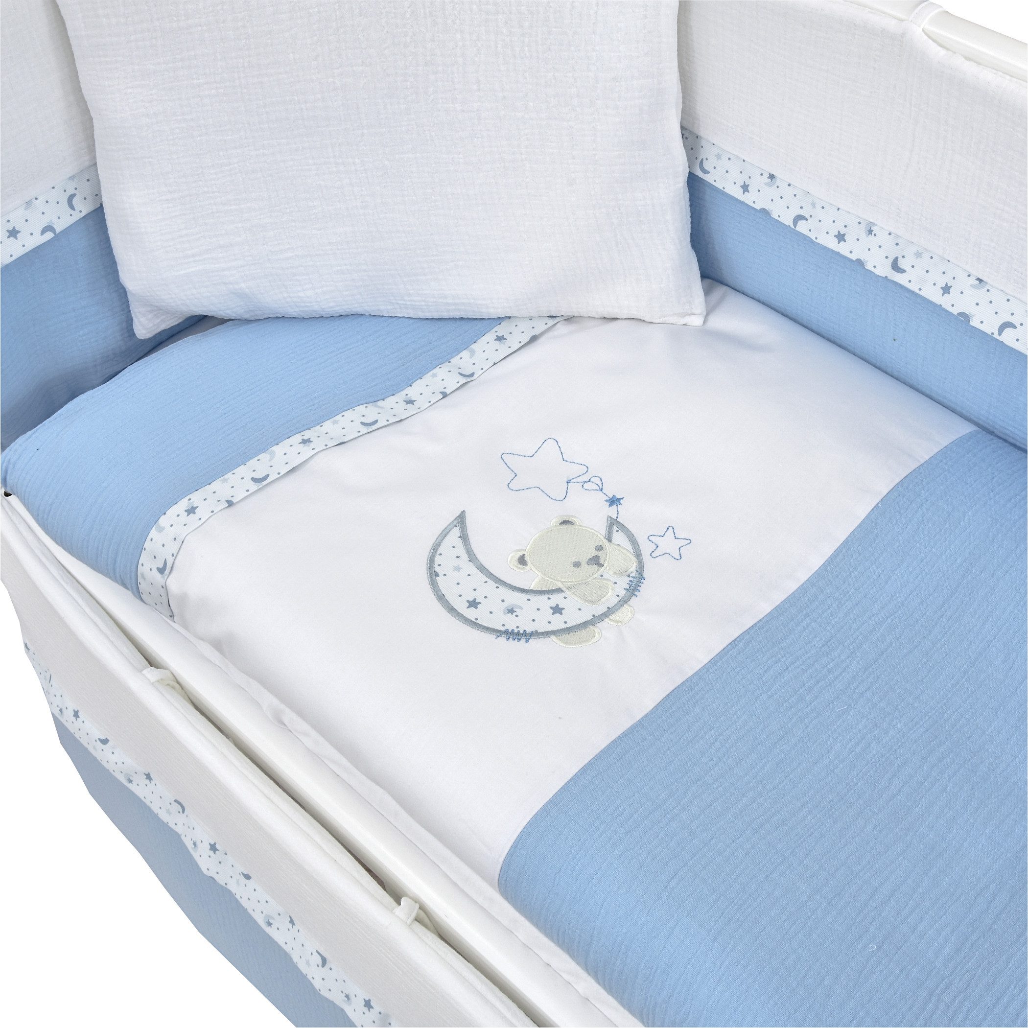 Baby-Delux Beistellbett Babybett Musselin Teddy Mond Blau, Stillbett 90x40 weiß höhenverstellbar, Matratze inkl. komplett Set