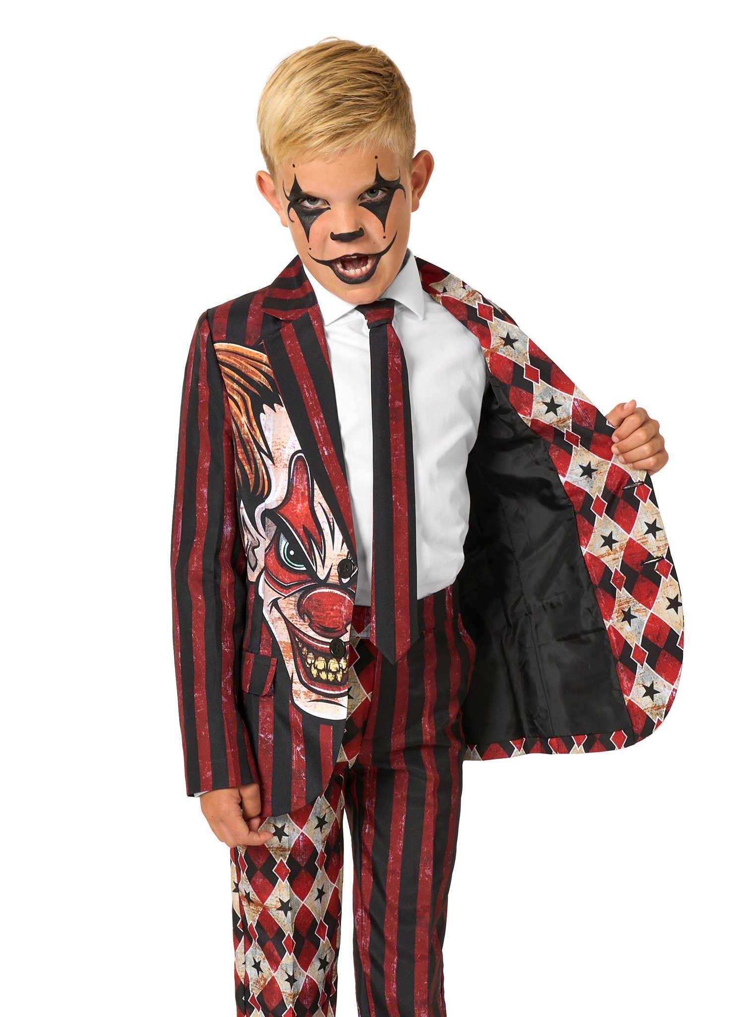 Opposuits Partyanzug Scary Clown Anzug - Halloween Kostüm Kinder, Horrorclown im Vintage-Freakshow-Style