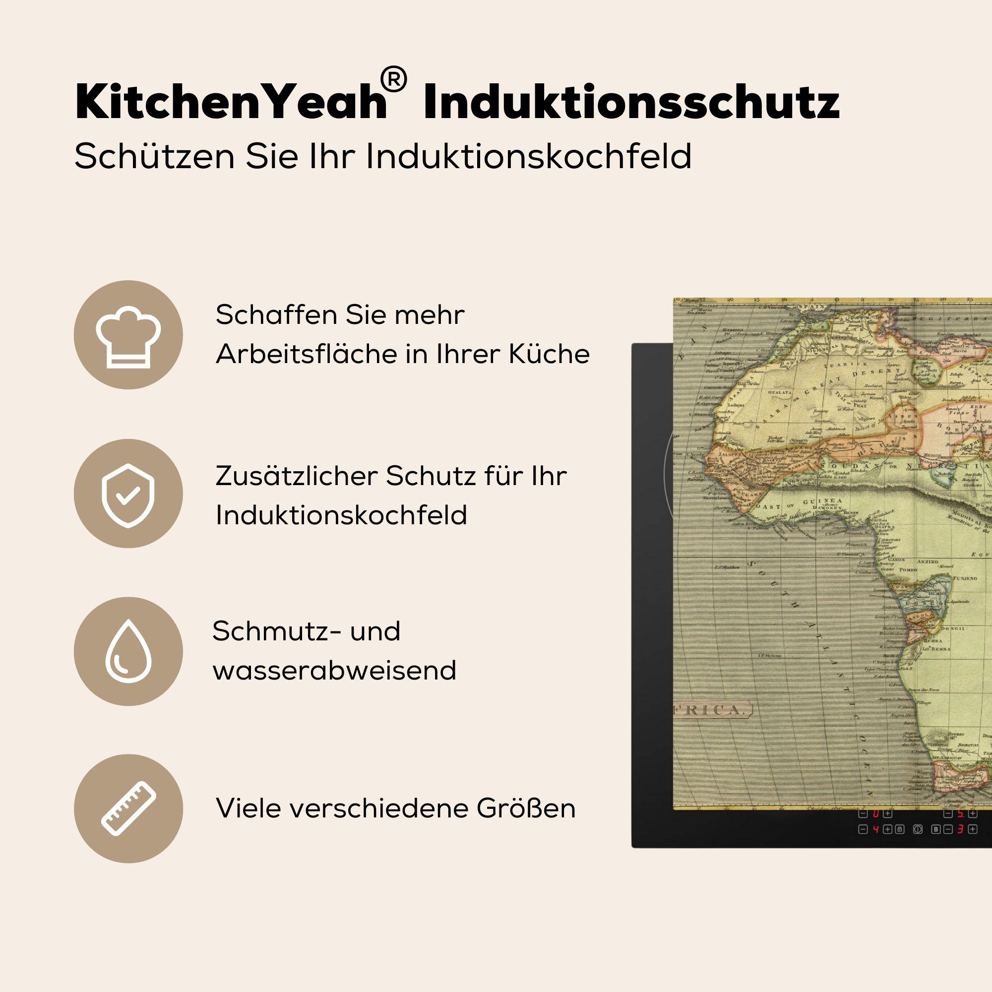 MuchoWow Herdblende-/Abdeckplatte Afrika - Kontinent - cm, Ceranfeldabdeckung, Karte (1 78x78 Vintage, - küche Vinyl, tlg), für Arbeitsplatte