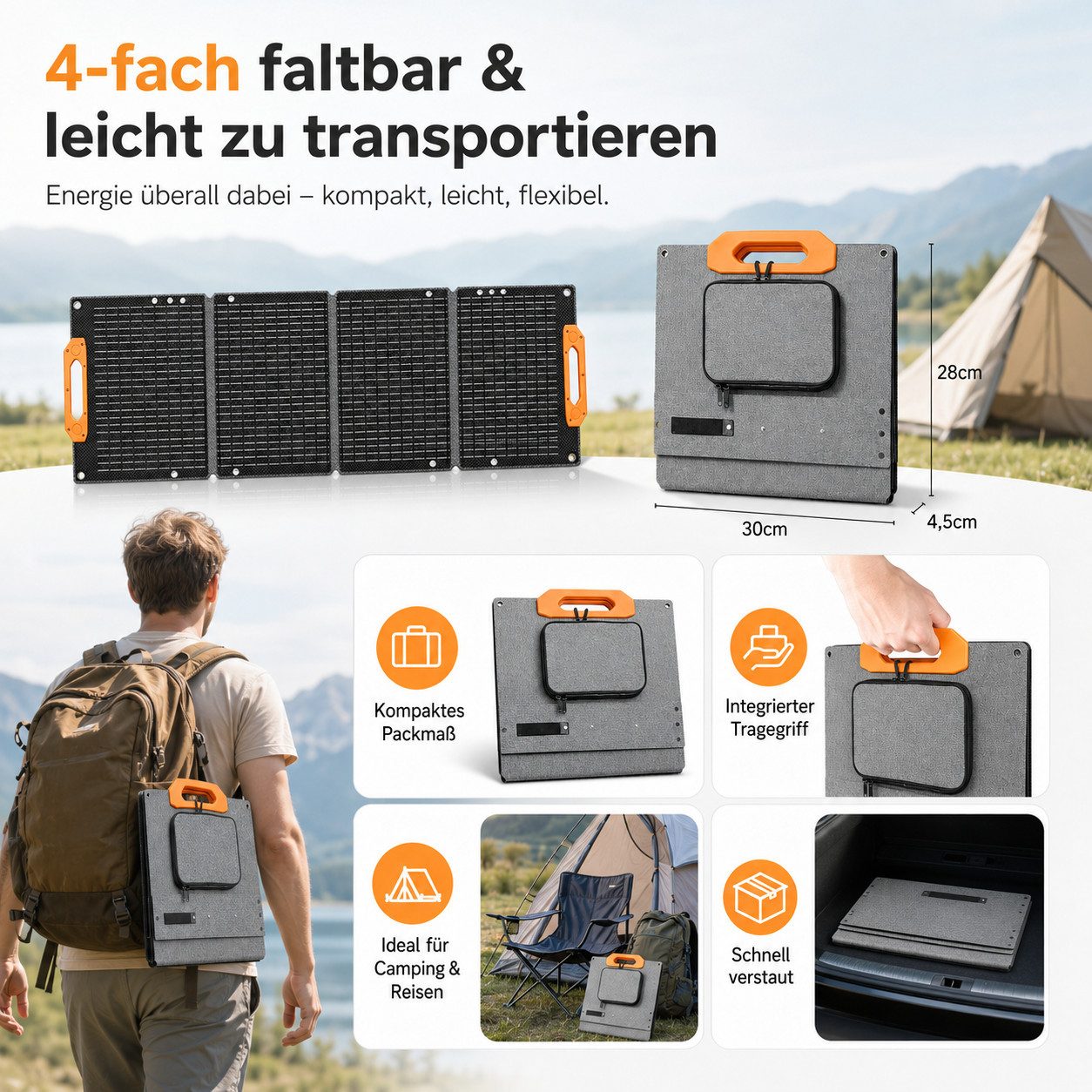 Goldstern-Tech Solarmodul, 100 W, (mit ETFE-Oberfläche, 23–25 % Wirkungsgrad, Tragegriff & Aufstellfunktion), für Camping, Wohnmobil, Balkon & Powerstation