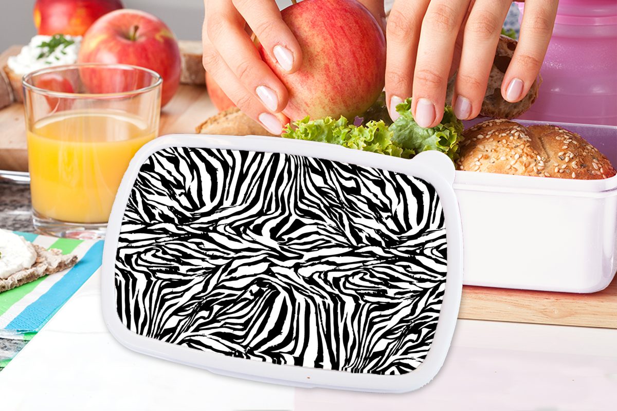und - (2-tlg), Lunchbox - weiß Brotbox Erwachsene, Kunststoff, Muster für Jungs Kinder Zebra Brotdose, MuchoWow Mädchen für Fell, und