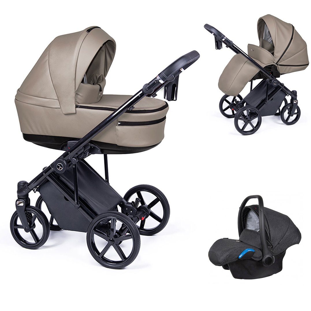 babies-on-wheels Kombi-Kinderwagen 3 in 1 Kinderwagen-Set Fado Eco - 15 Teile - in 21 Designs Sand = Gestell schwarz