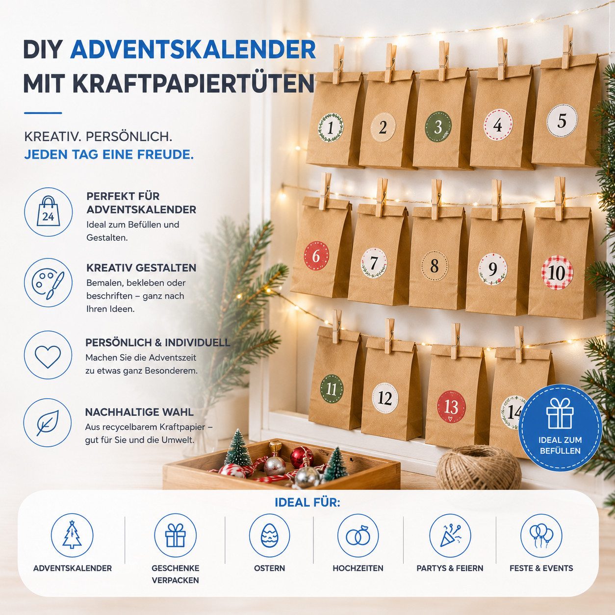 happymas DIY-Adventskalender 50x Kraftpapiertüten braune Beutel 21 x 14 cm (50er Set, 50-tlg)